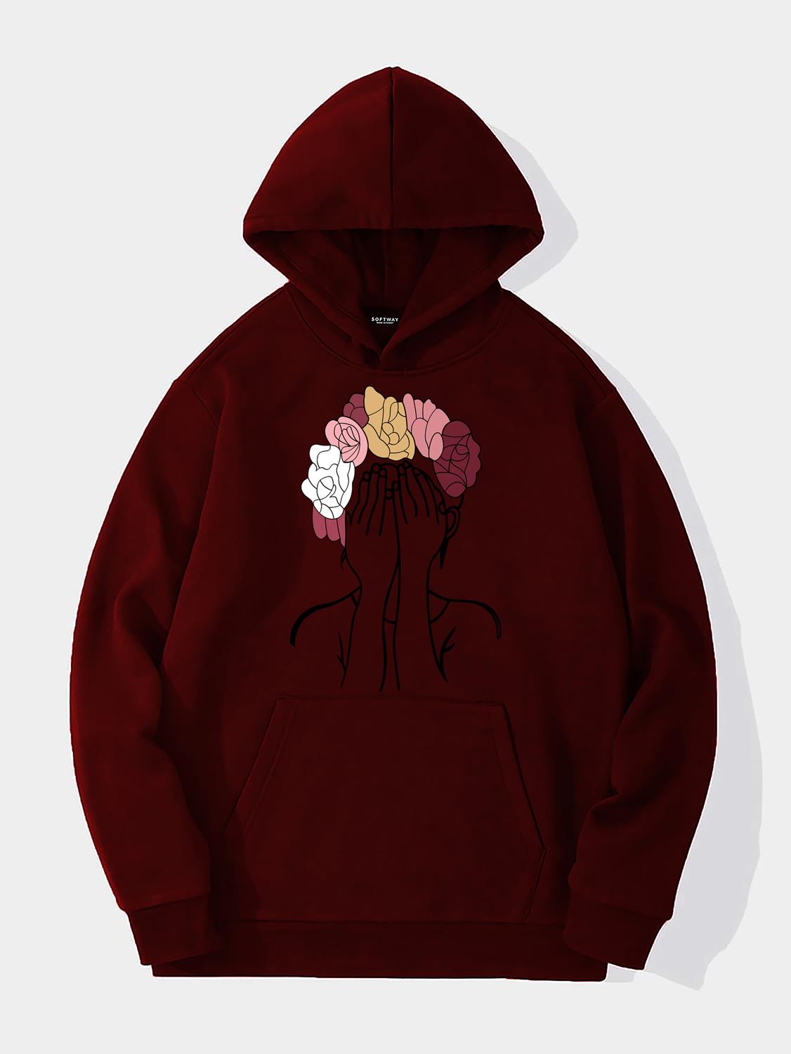 Unisex Colorful Hair Baskılı Kapüşonlu İçi Yumuşak Polarlı Oversize Sweatshirt - BORDO