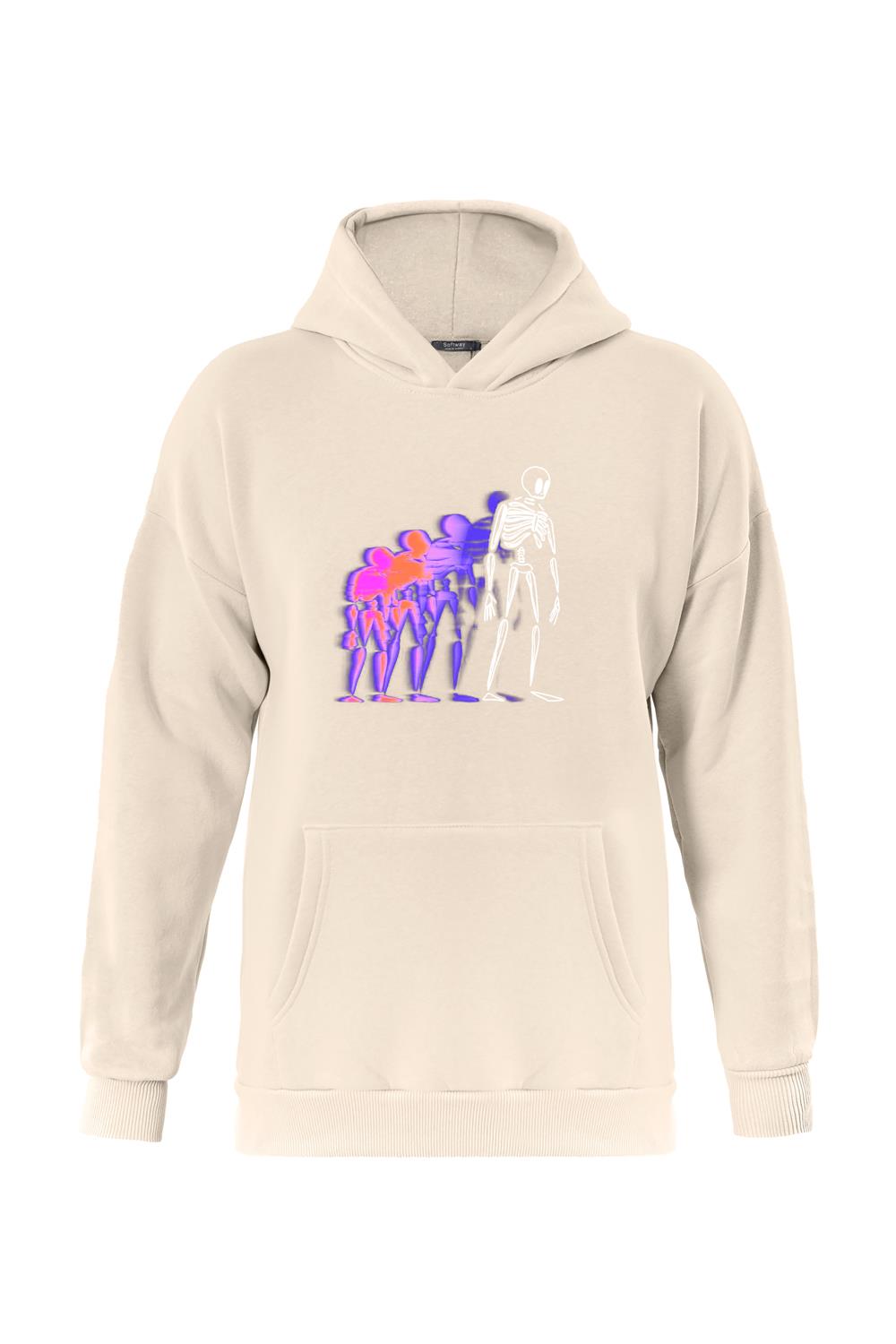 Unisex Colorful Skeleton Baskılı Kapüşonlu İçi Yumuşak Polarlı Oversize Sweatshirt - BEJ