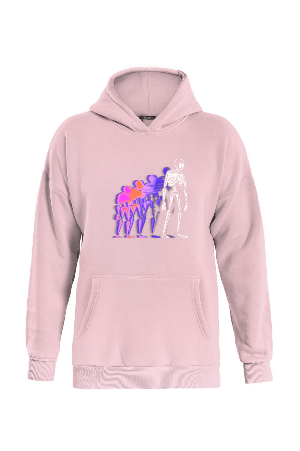 Unisex Colorful Skeleton Baskılı Kapüşonlu İçi Yumuşak Polarlı Oversize Sweatshirt - PEMBE
