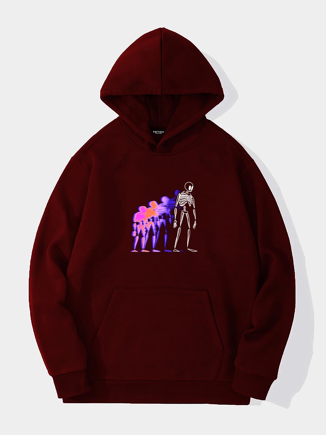 Unisex Colorful Skeleton Baskılı Kapüşonlu İçi Yumuşak Polarlı Oversize Sweatshirt - BORDO