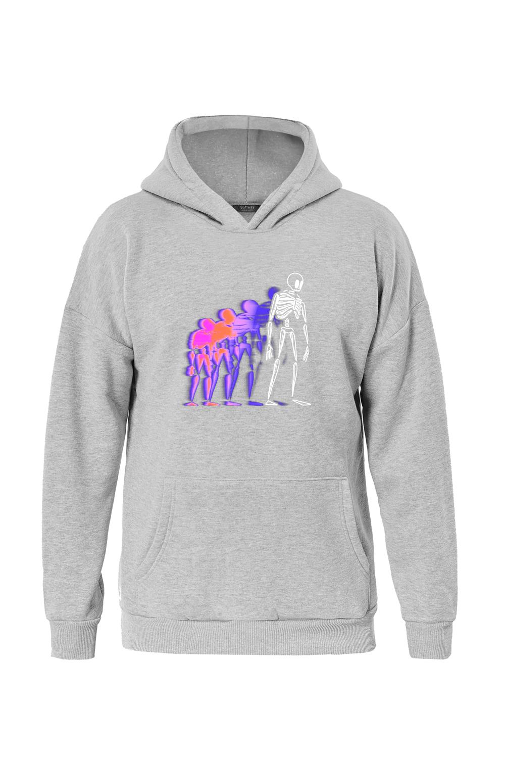 Unisex Colorful Skeleton Baskılı Kapüşonlu İçi Yumuşak Polarlı Oversize Sweatshirt - GRİ