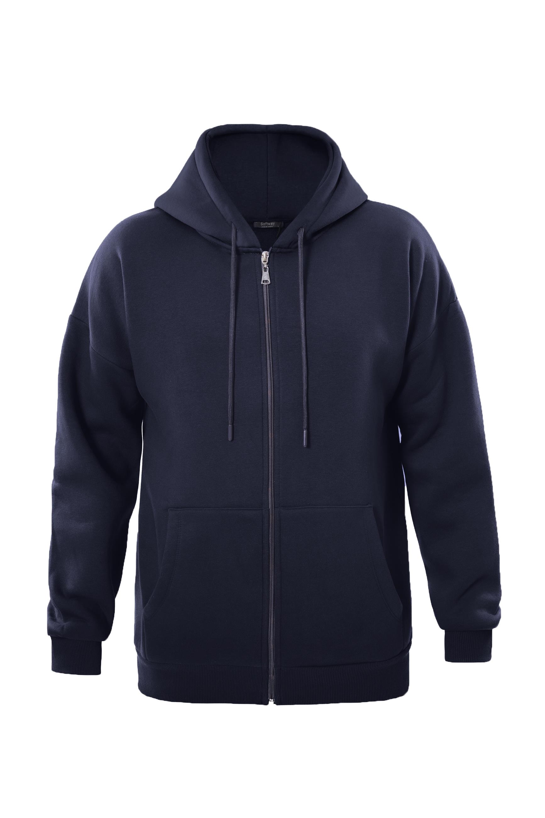 Unisex Fermuarlı Kapüşonlu Oversize Sweatshirt - LACİVERT