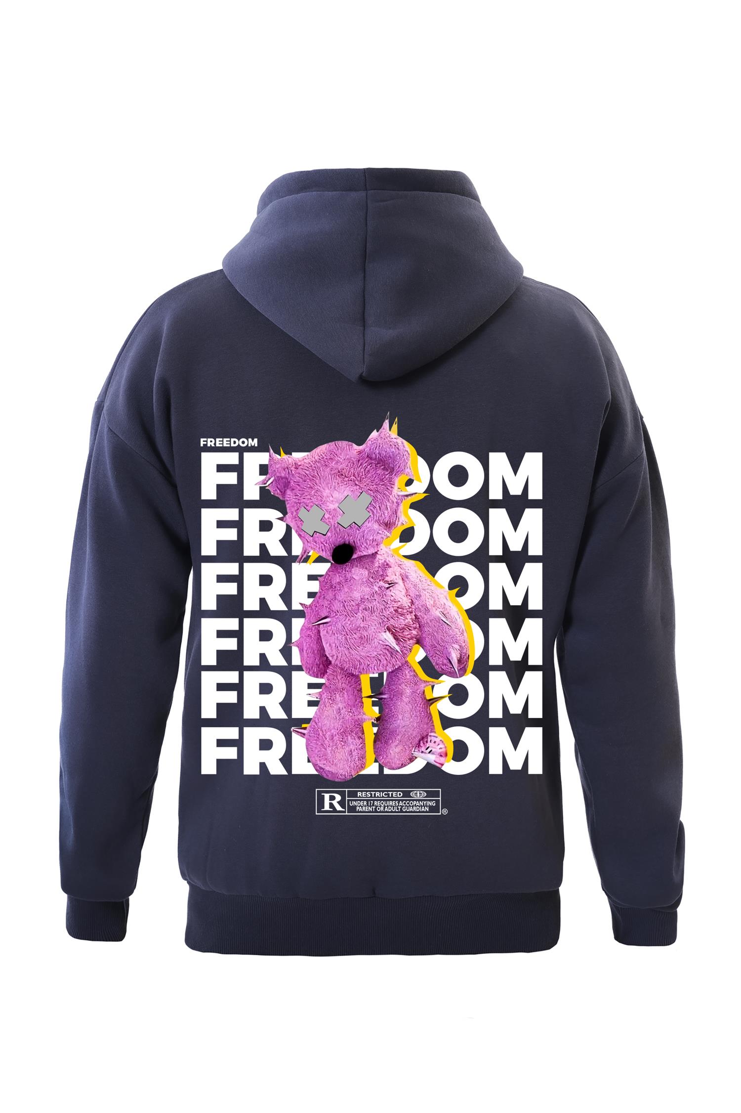 Unisex Freedom Baskılı Kapüşonlu İçi Yumuşak Polarlı Oversize Sweatshirt - LACİVERT