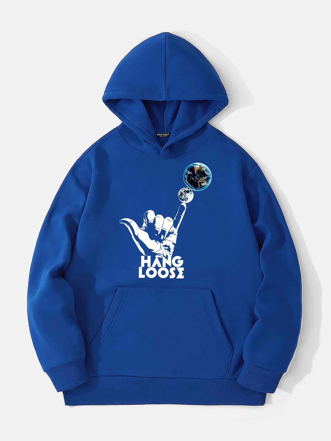 Unisex Hang Loose Baskılı Kapüşonlu İçi Yumuşak Polarlı Oversize Sweatshirt - SAKS MAVİSİ