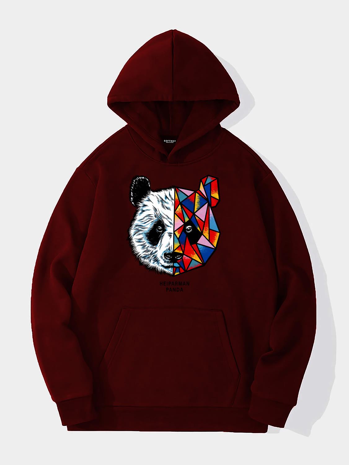 Unisex Heiparman Panda Baskılı Kapüşonlu İçi Yumuşak Polarlı Oversize Sweatshirt - BORDO