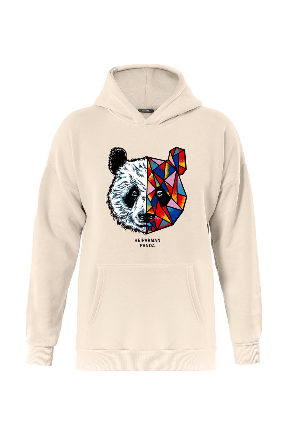 Unisex Heiparman Panda Baskılı Kapüşonlu İçi Yumuşak Polarlı Oversize Sweatshirt - BEJ