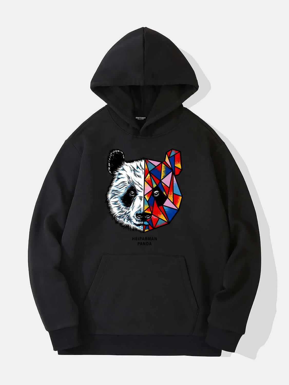Unisex Heiparman Panda Baskılı Kapüşonlu İçi Yumuşak Polarlı Oversize Sweatshirt - SİYAH