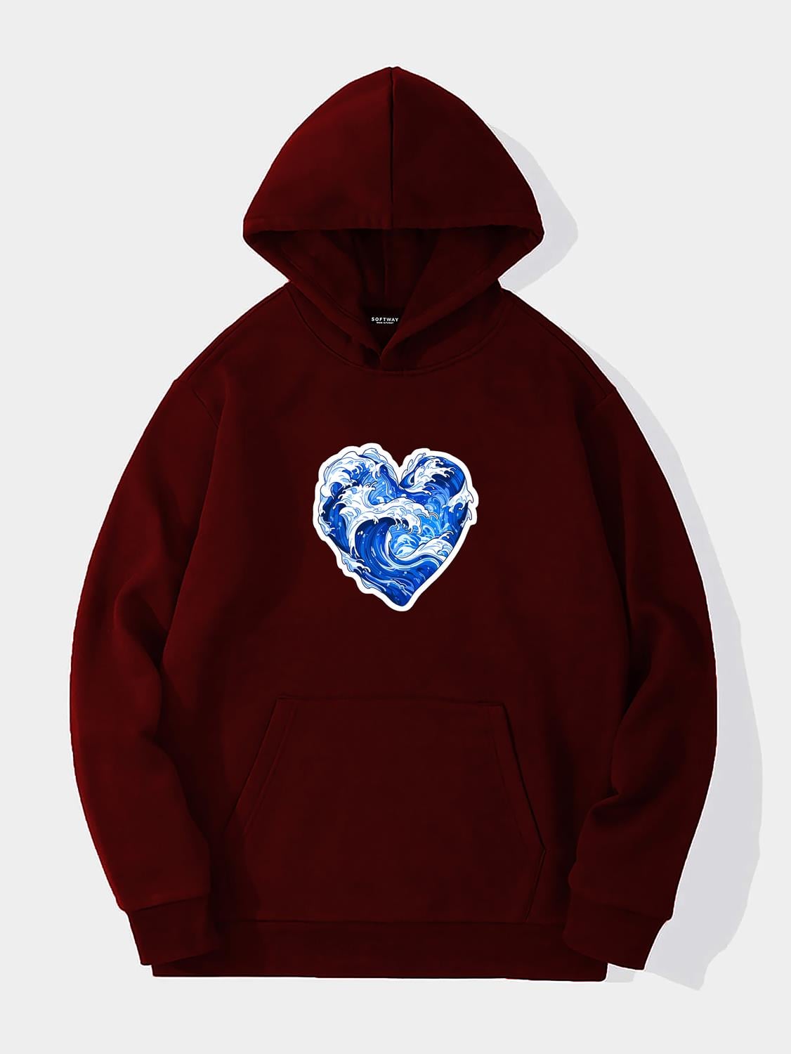 Unisex Ocen Heart Baskılı Kapüşonlu İçi Yumuşak Polarlı Oversize Sweatshirt - BORDO