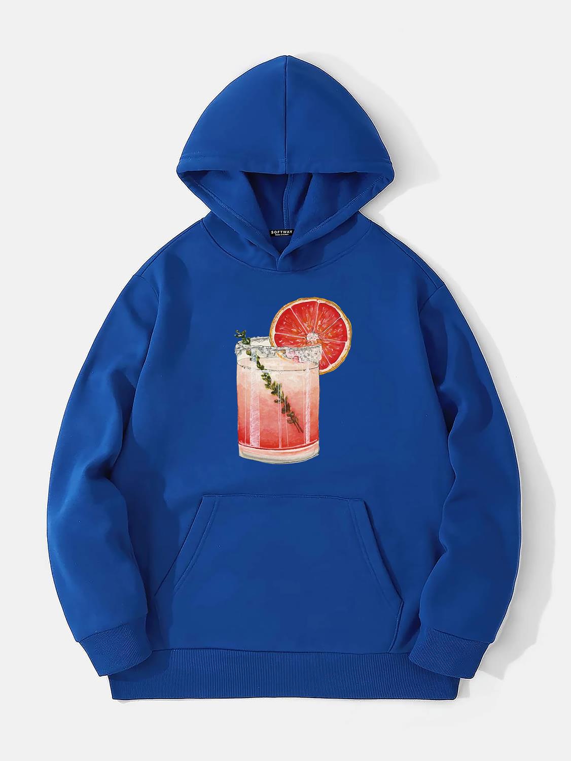 Unisex Orange Cocktail Baskılı Kapüşonlu İçi Yumuşak Polarlı Oversize Sweatshirt - SAKS MAVİSİ