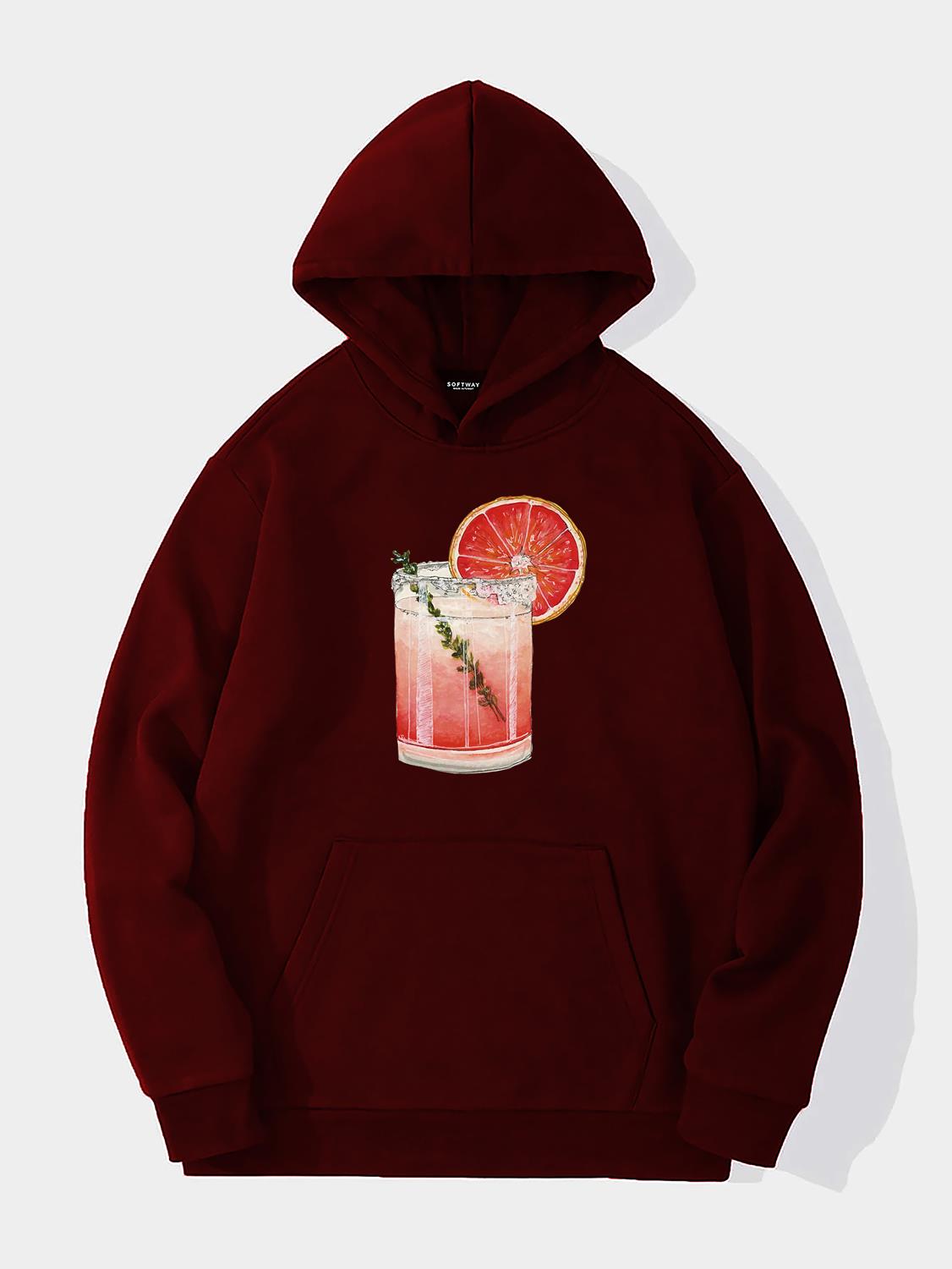 Unisex Orange Cocktail Baskılı Kapüşonlu İçi Yumuşak Polarlı Oversize Sweatshirt - BORDO