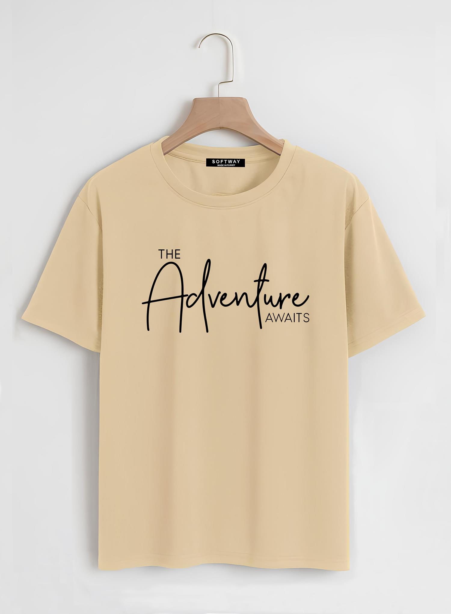 Unisex Oversize Bisiklet Yaka Adventure Baskılı Basic T-Shirt - BEJ
