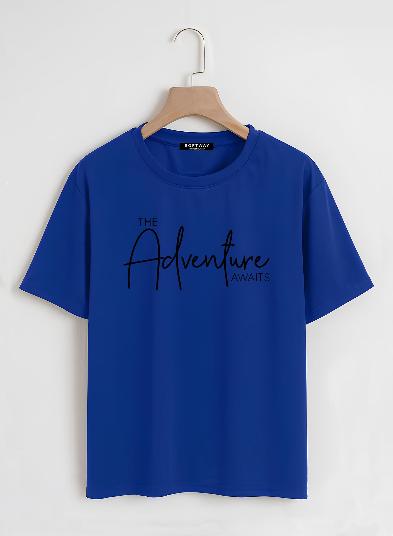 Unisex Oversize Bisiklet Yaka Adventure Baskılı Basic T-Shirt - SAKS MAVİSİ