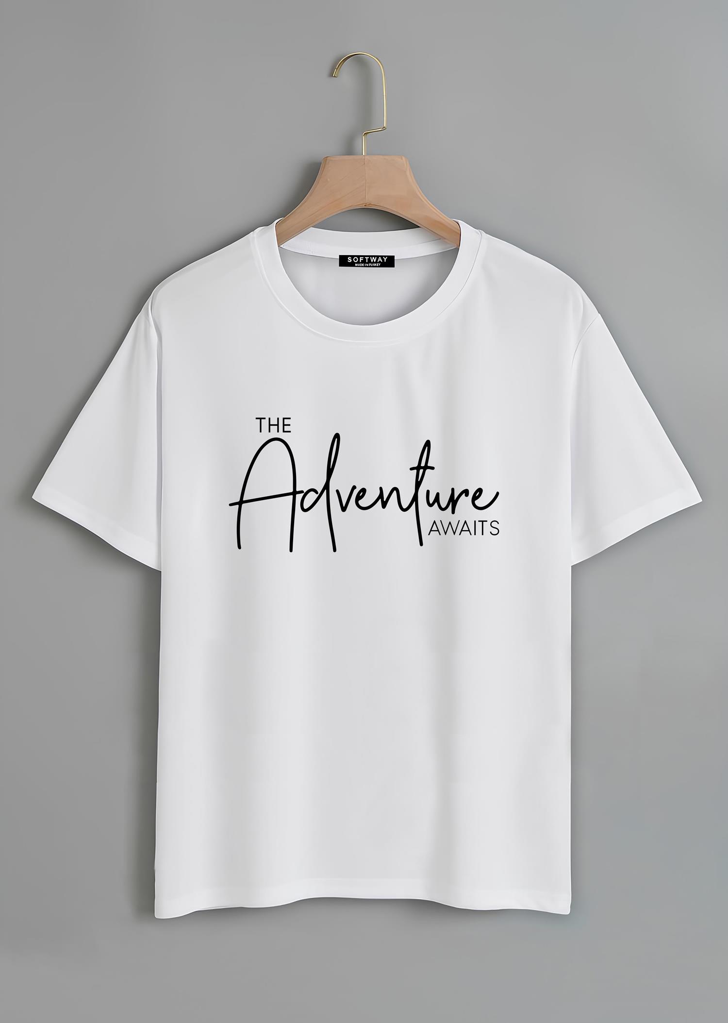 Unisex Oversize Bisiklet Yaka Adventure Baskılı Basic T-Shirt - BEYAZ