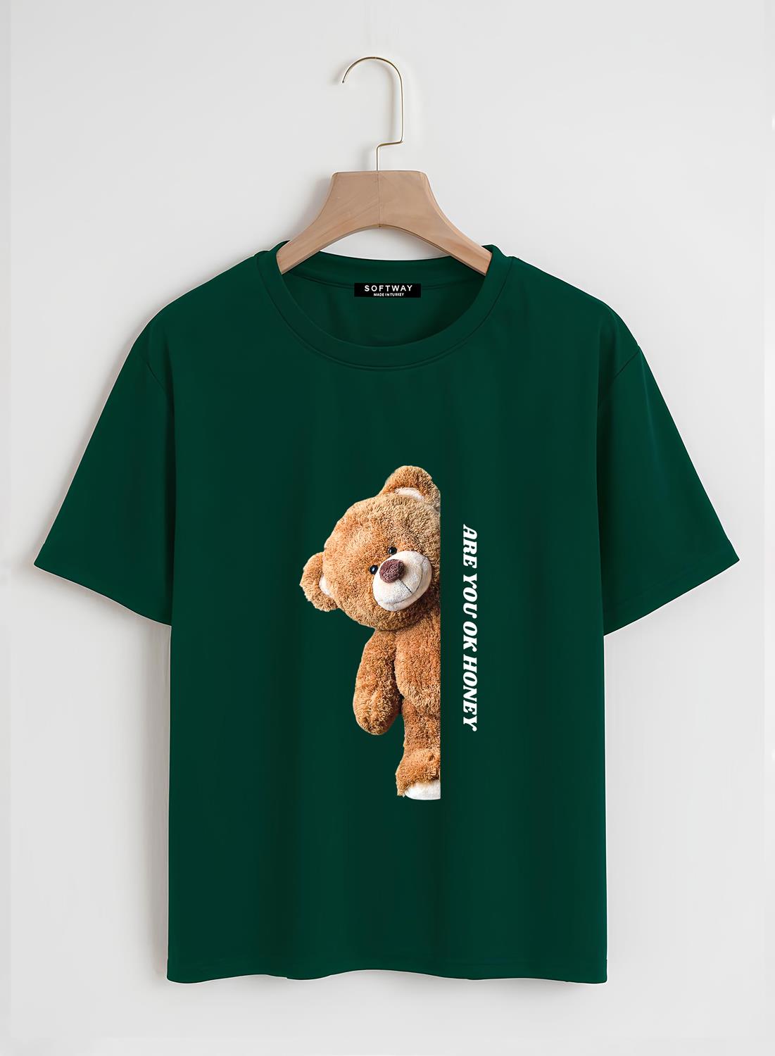 Unisex Oversize Bisiklet Yaka Are You Ok Honey Baskılı Basic T-Shirt - KOYU YEŞİL