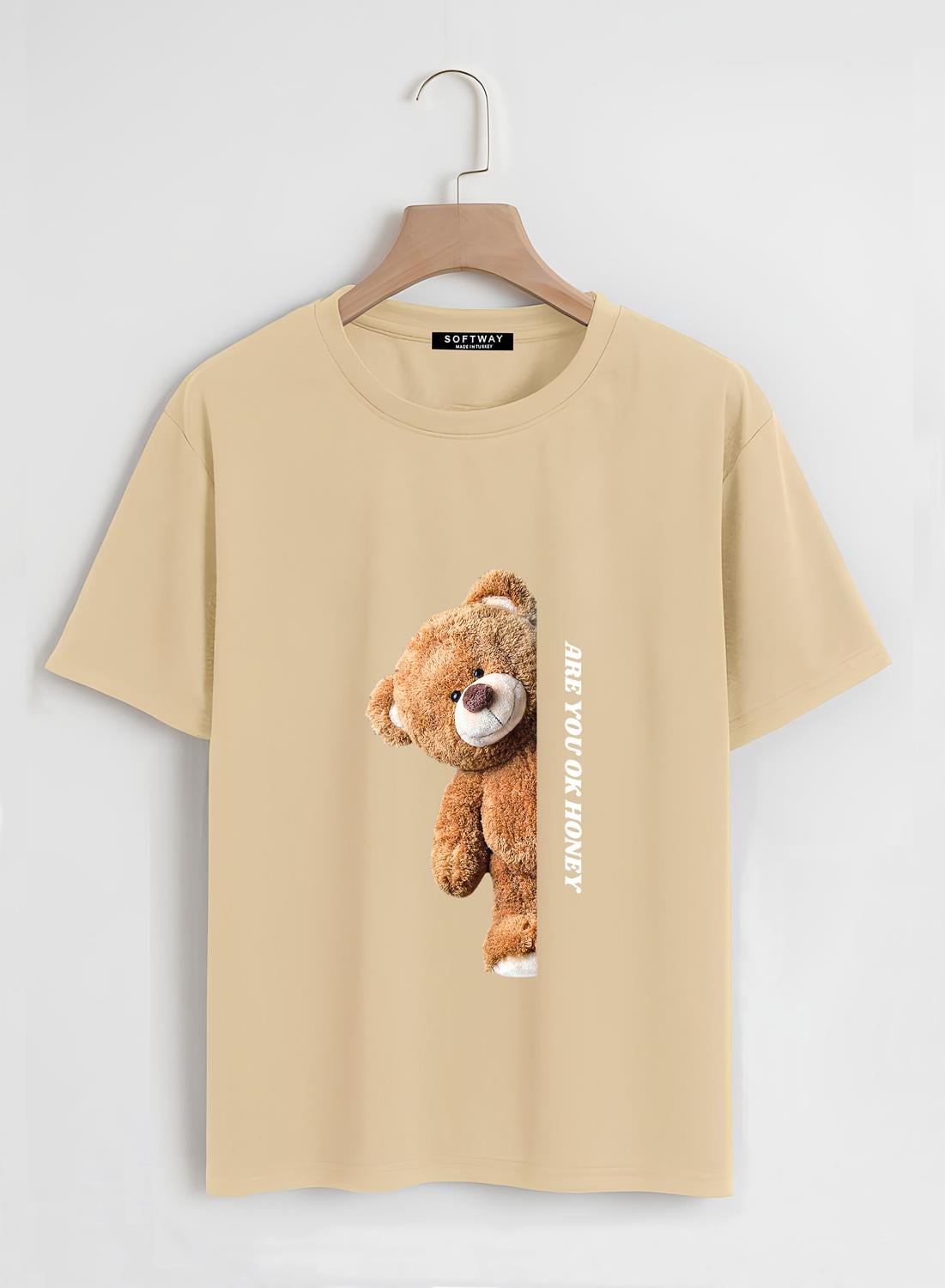 Unisex Oversize Bisiklet Yaka Are You Ok Honey Baskılı Basic T-Shirt - BEJ