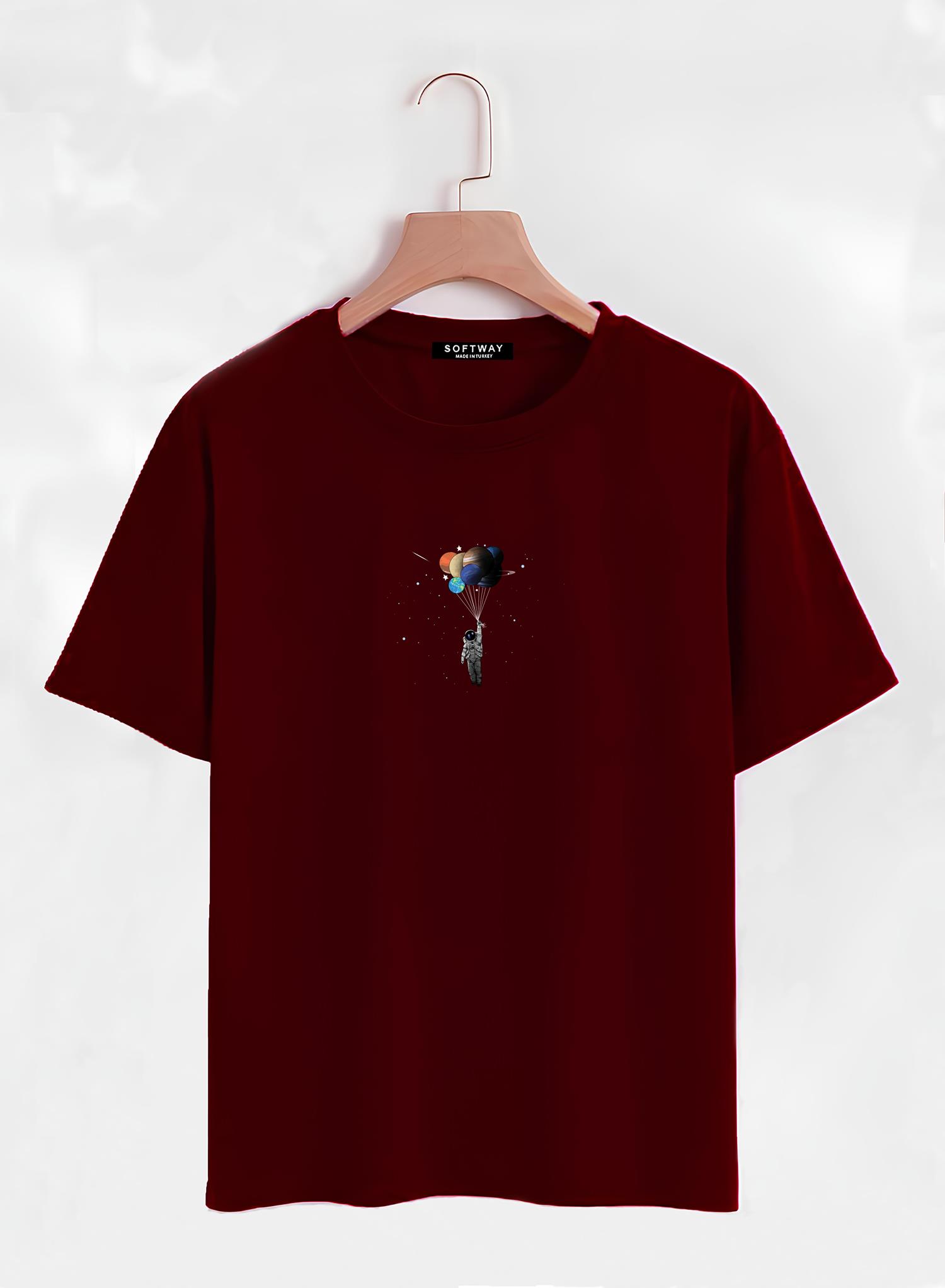 Unisex Oversize Bisiklet Yaka Balloon Astronaut Baskılı Basic T-Shirt - BORDO