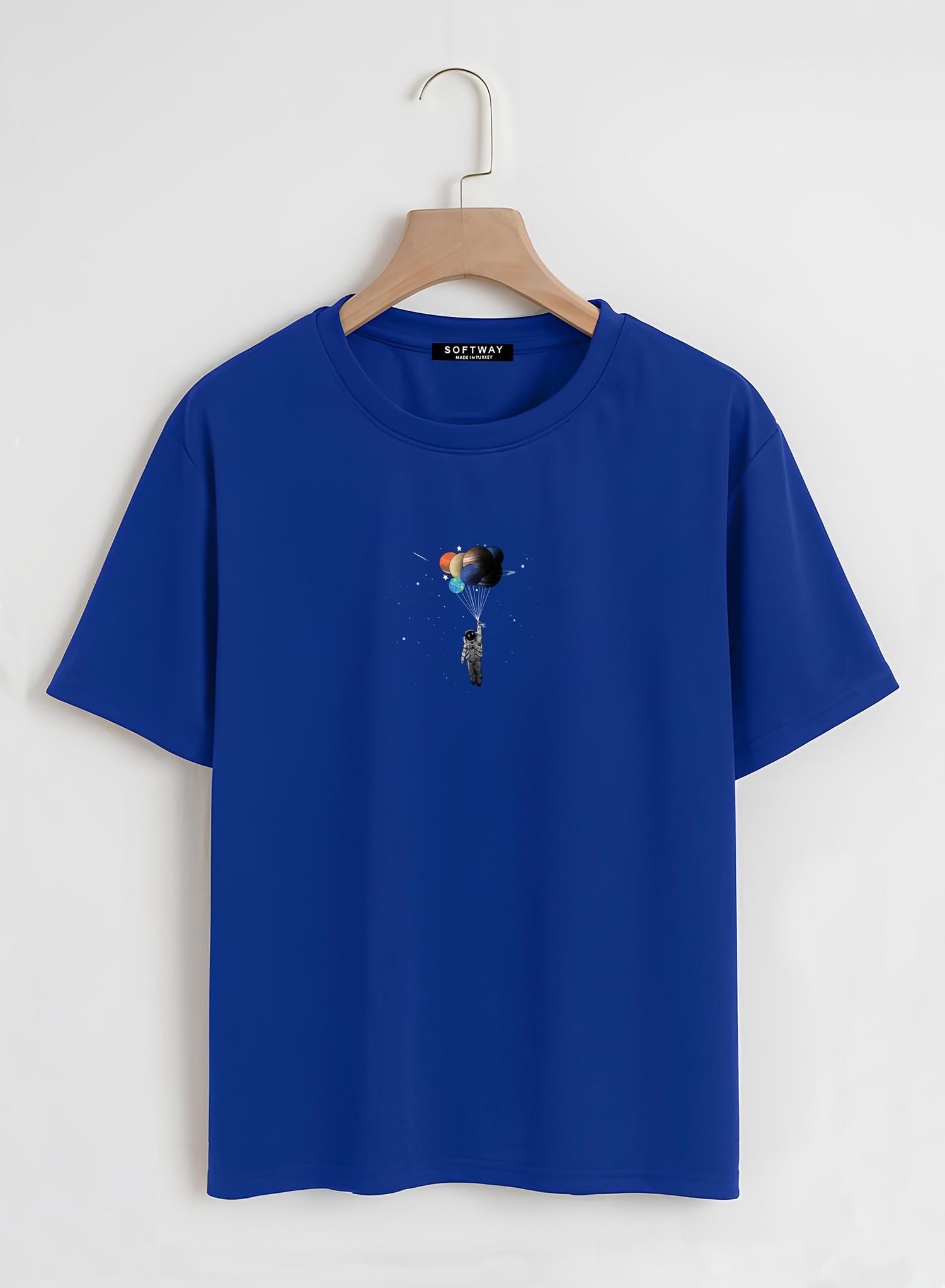 Unisex Oversize Bisiklet Yaka Balloon Astronaut Baskılı Basic T-Shirt - SAKS MAVİSİ