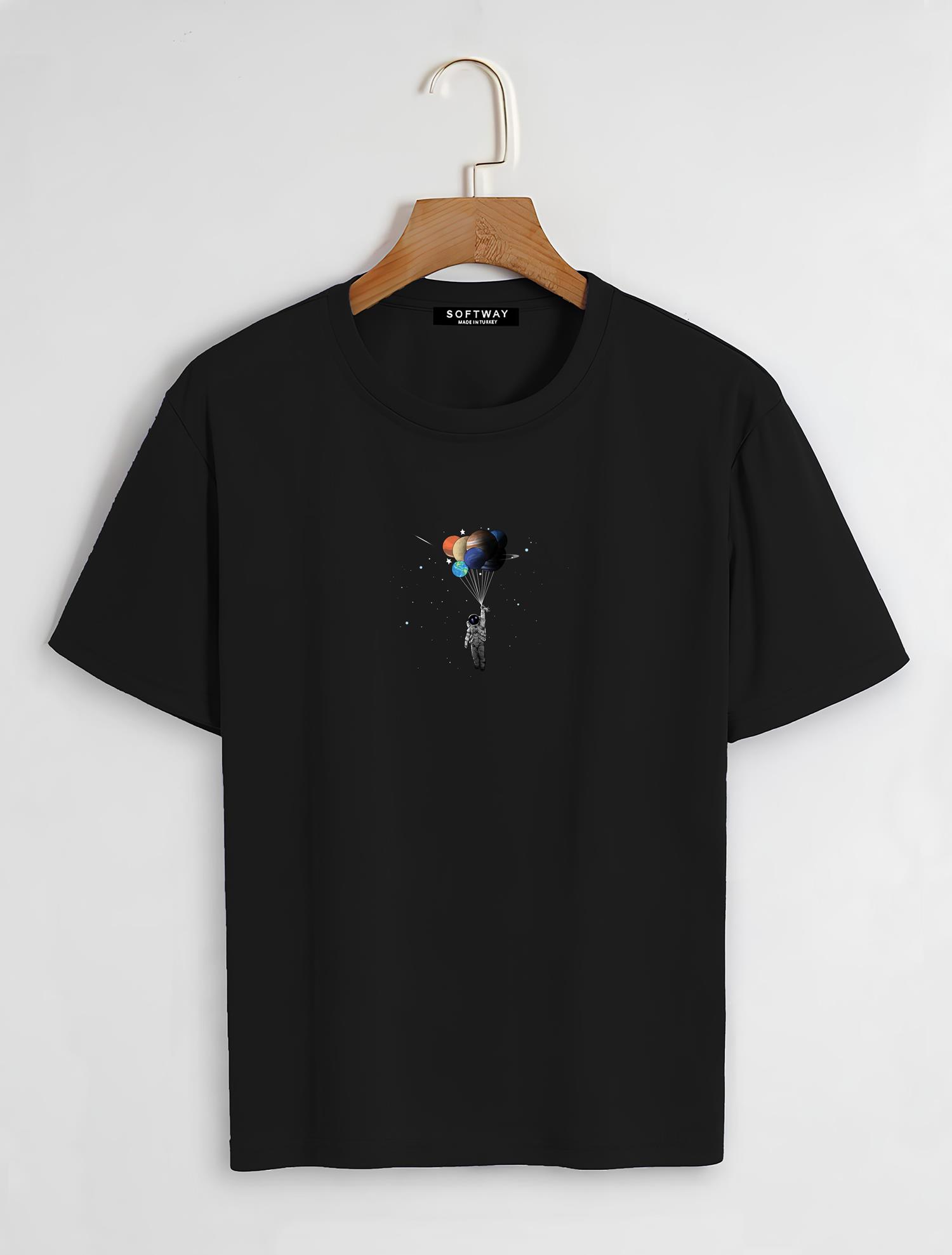 Unisex Oversize Bisiklet Yaka Balloon Astronaut Baskılı Basic T-Shirt - SİYAH