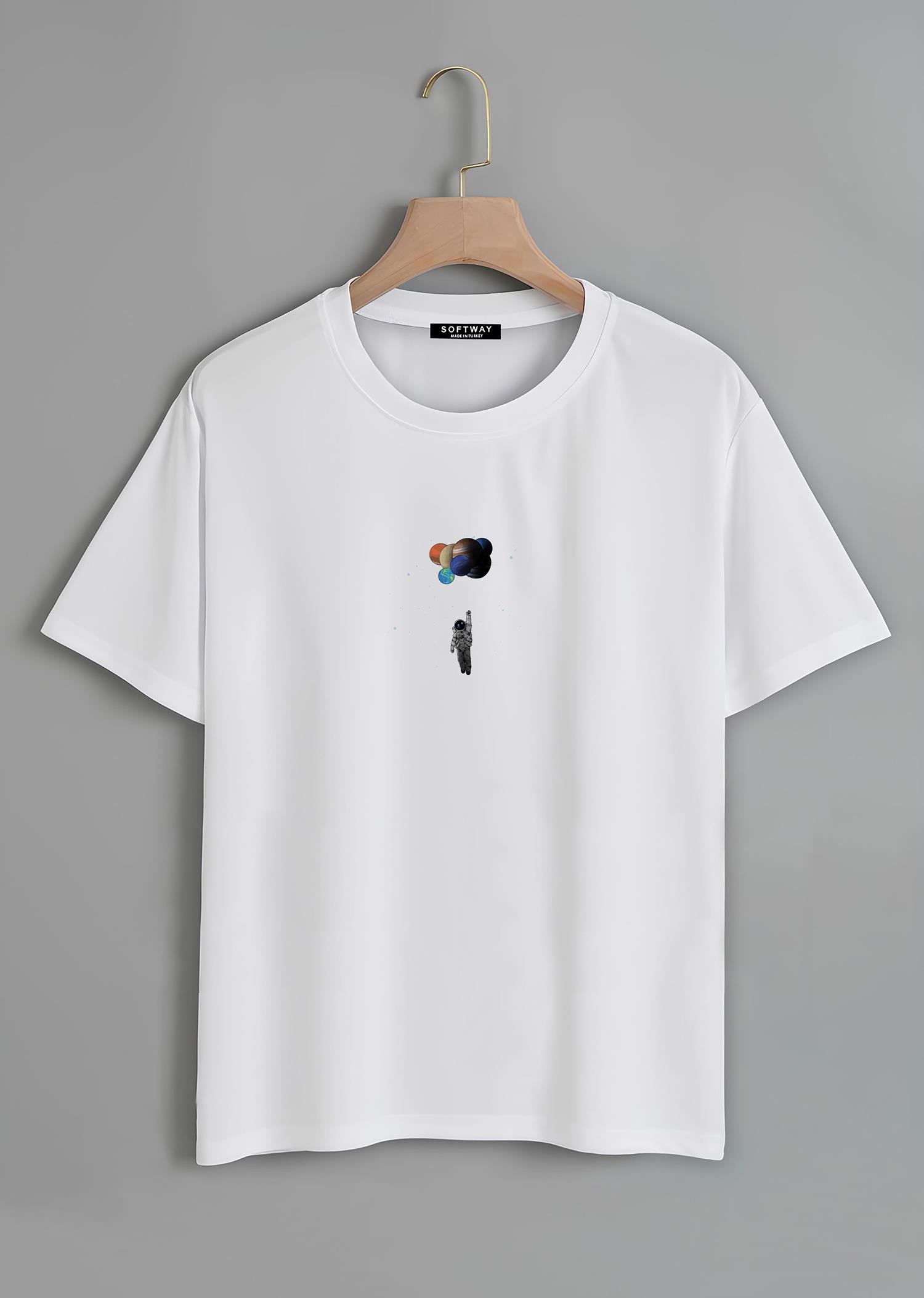 Unisex Oversize Bisiklet Yaka Balloon Astronaut Baskılı Basic T-Shirt - BEYAZ