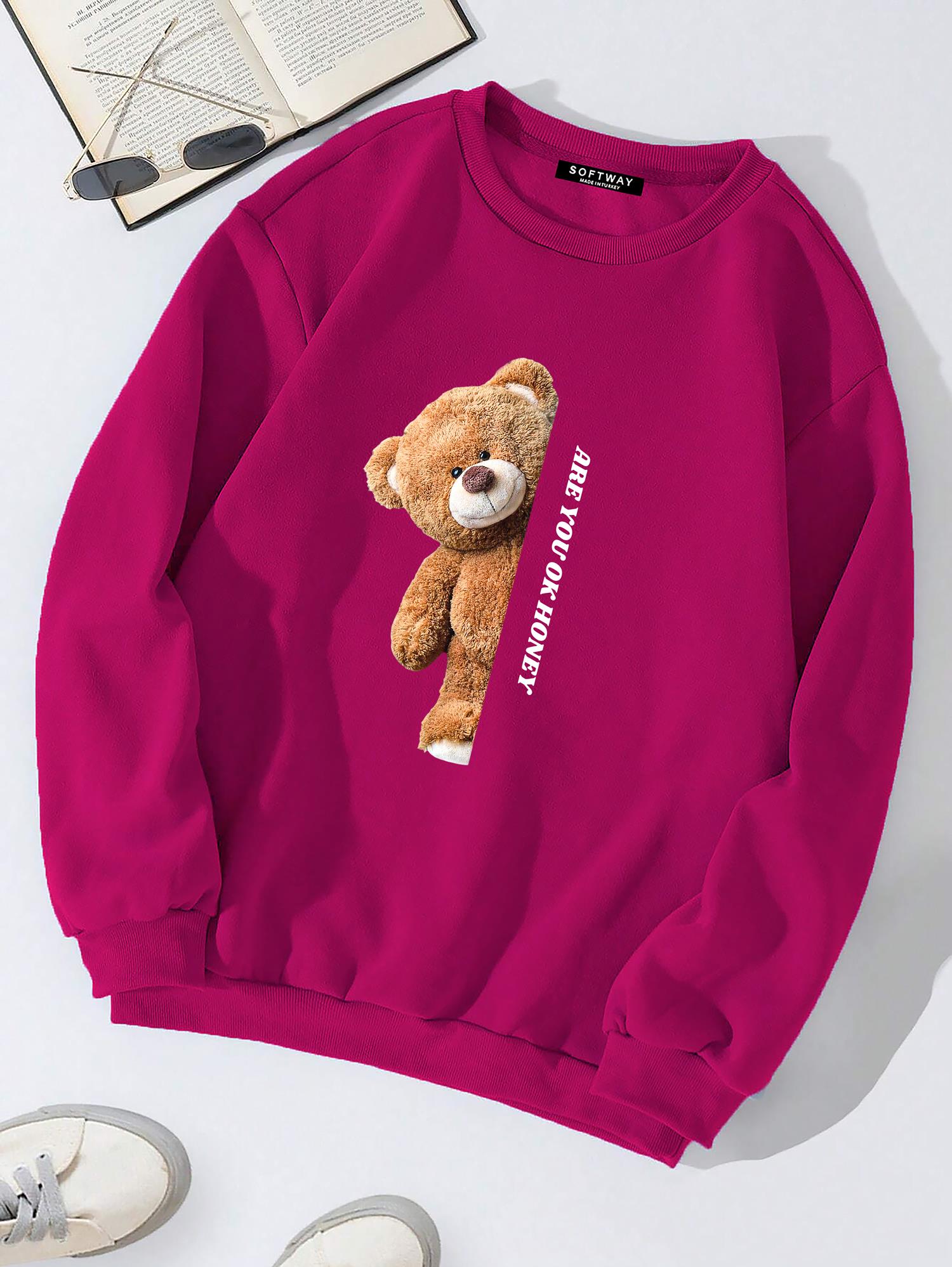 Unisex Oversize Bisiklet Yaka Basic Are You Ok Honey Sweatshirt - FUŞYA