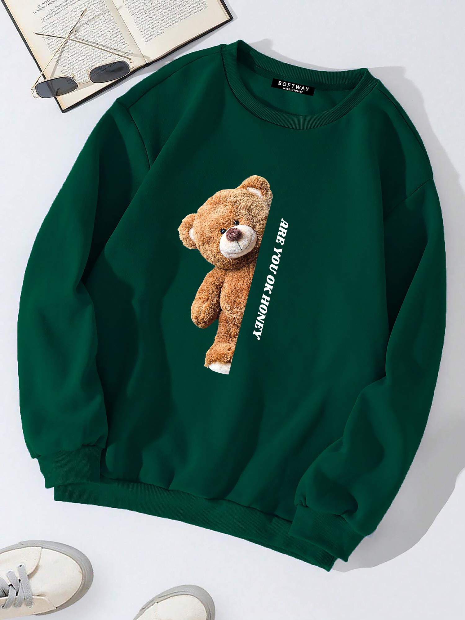 Unisex Oversize Bisiklet Yaka Basic Are You Ok Honey Sweatshirt - KOYU YEŞİL