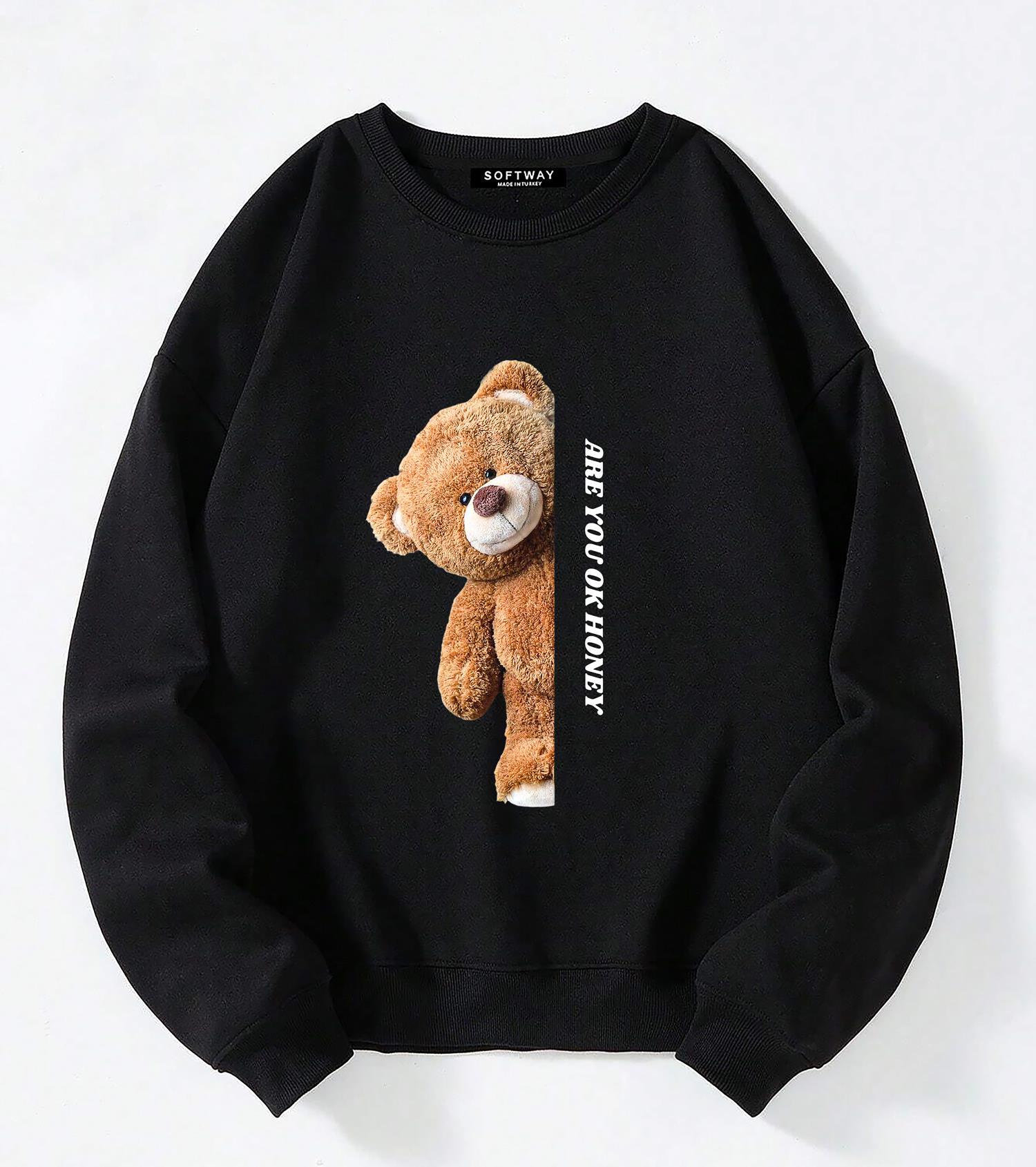 Unisex Oversize Bisiklet Yaka Basic Are You Ok Honey Sweatshirt - SİYAH