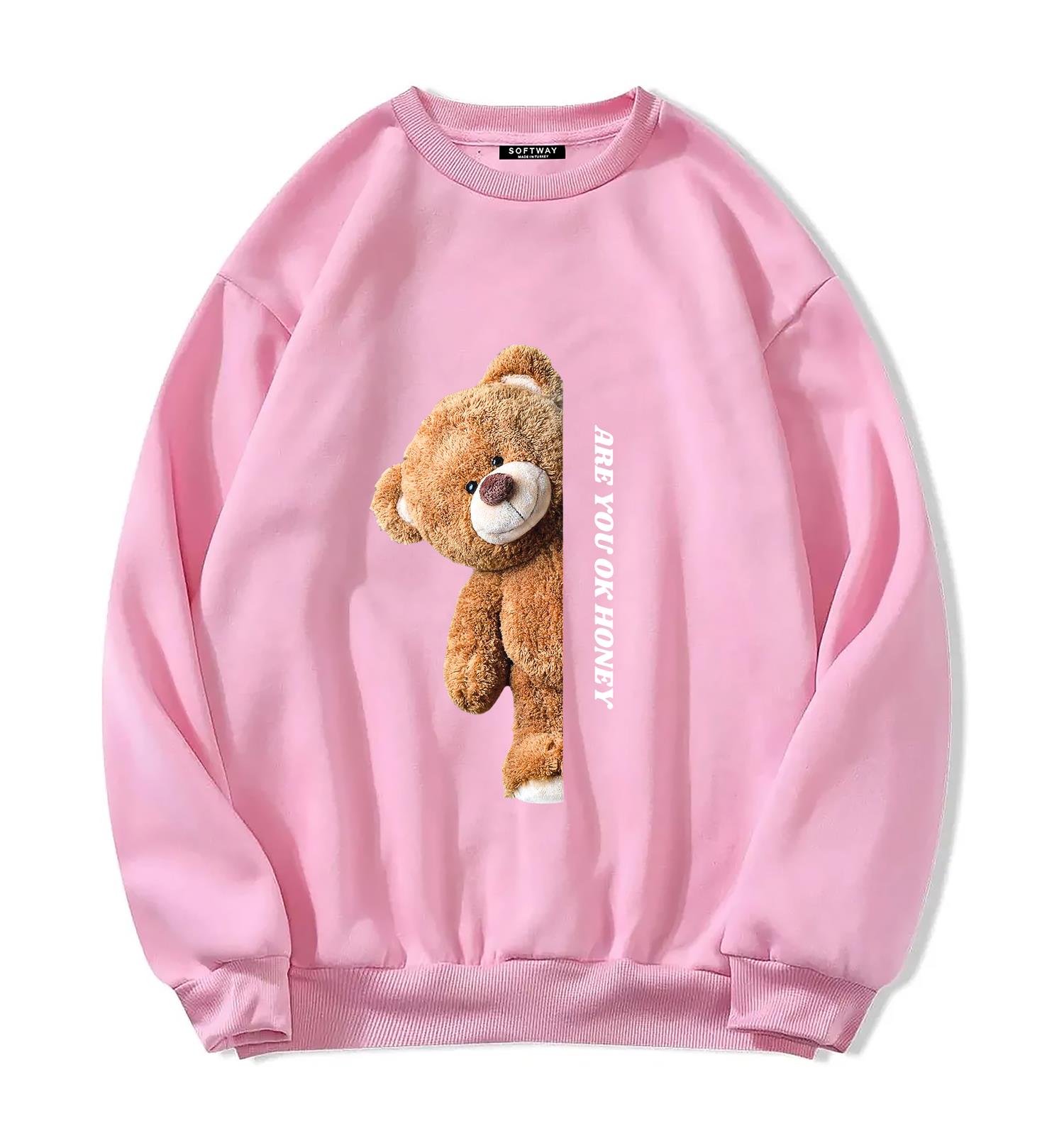 Unisex Oversize Bisiklet Yaka Basic Are You Ok Honey Sweatshirt - PEMBE