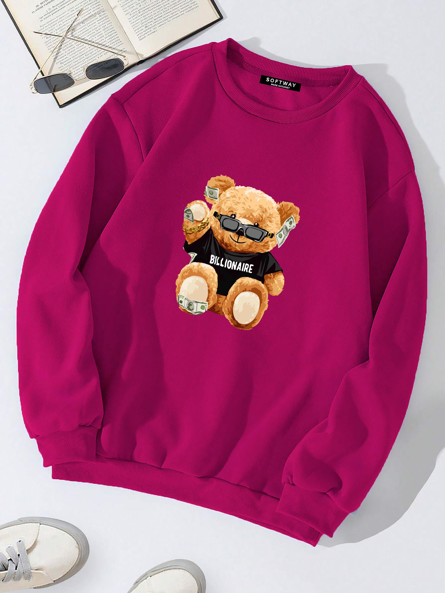 Unisex Oversize Bisiklet Yaka Basic Billionaire Baskılı Sweatshirt - FUŞYA
