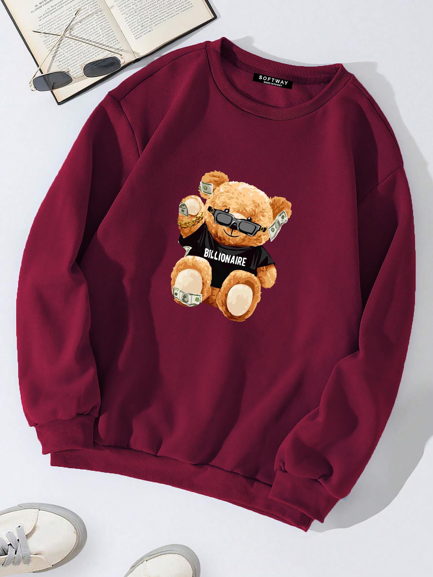 Unisex Oversize Bisiklet Yaka Basic Billionaire Baskılı Sweatshirt - BORDO