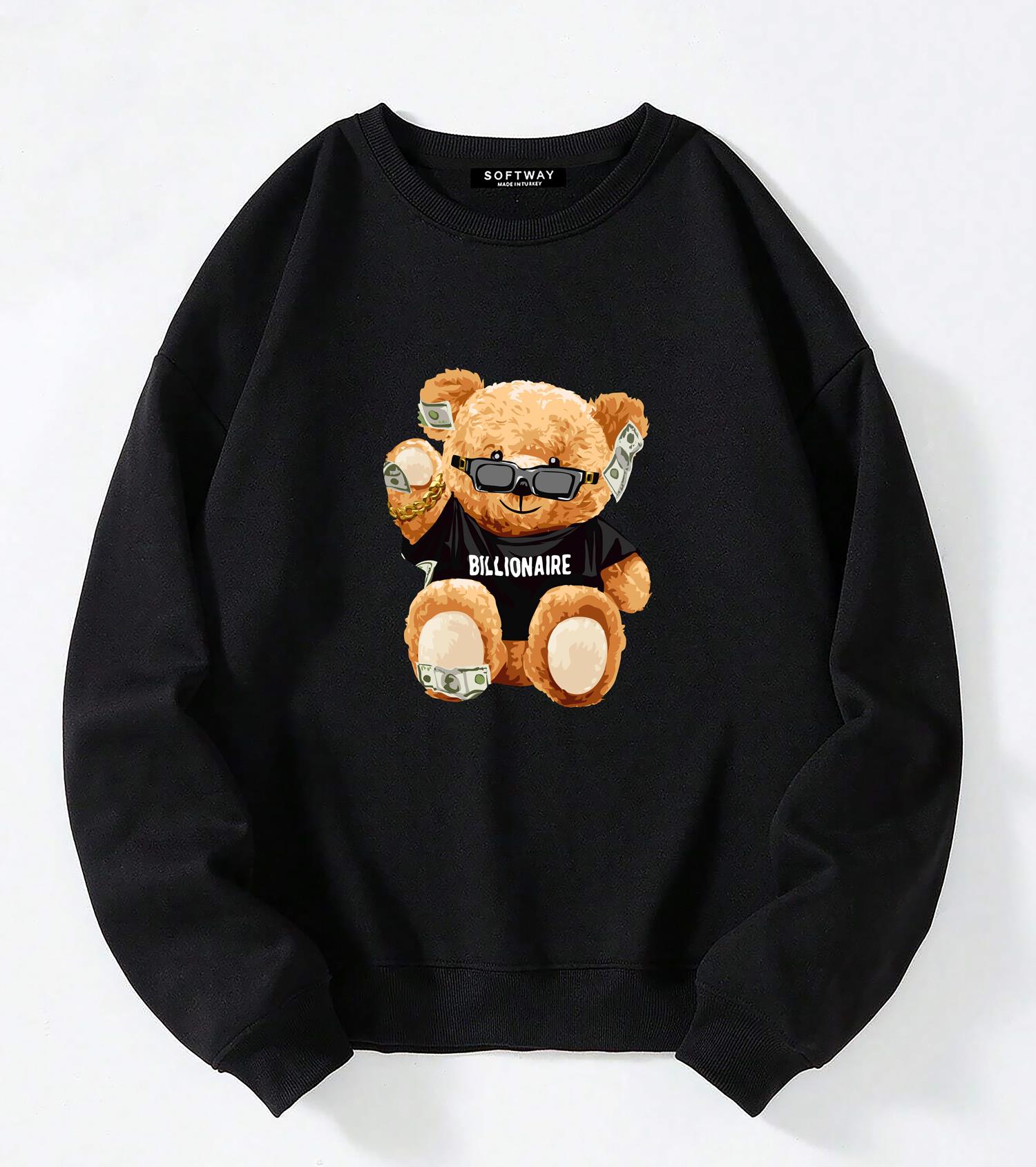 Unisex Oversize Bisiklet Yaka Basic Billionaire Baskılı Sweatshirt - SİYAH