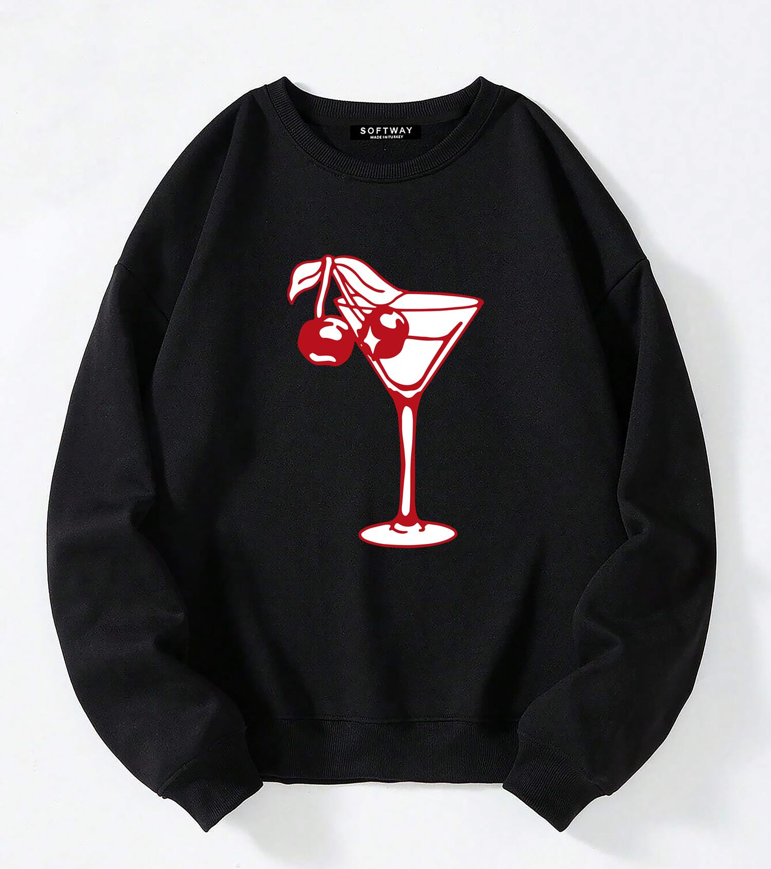 Unisex Oversize Bisiklet Yaka Basic Cherry Cocktail Baskılı Sweatshirt - SİYAH