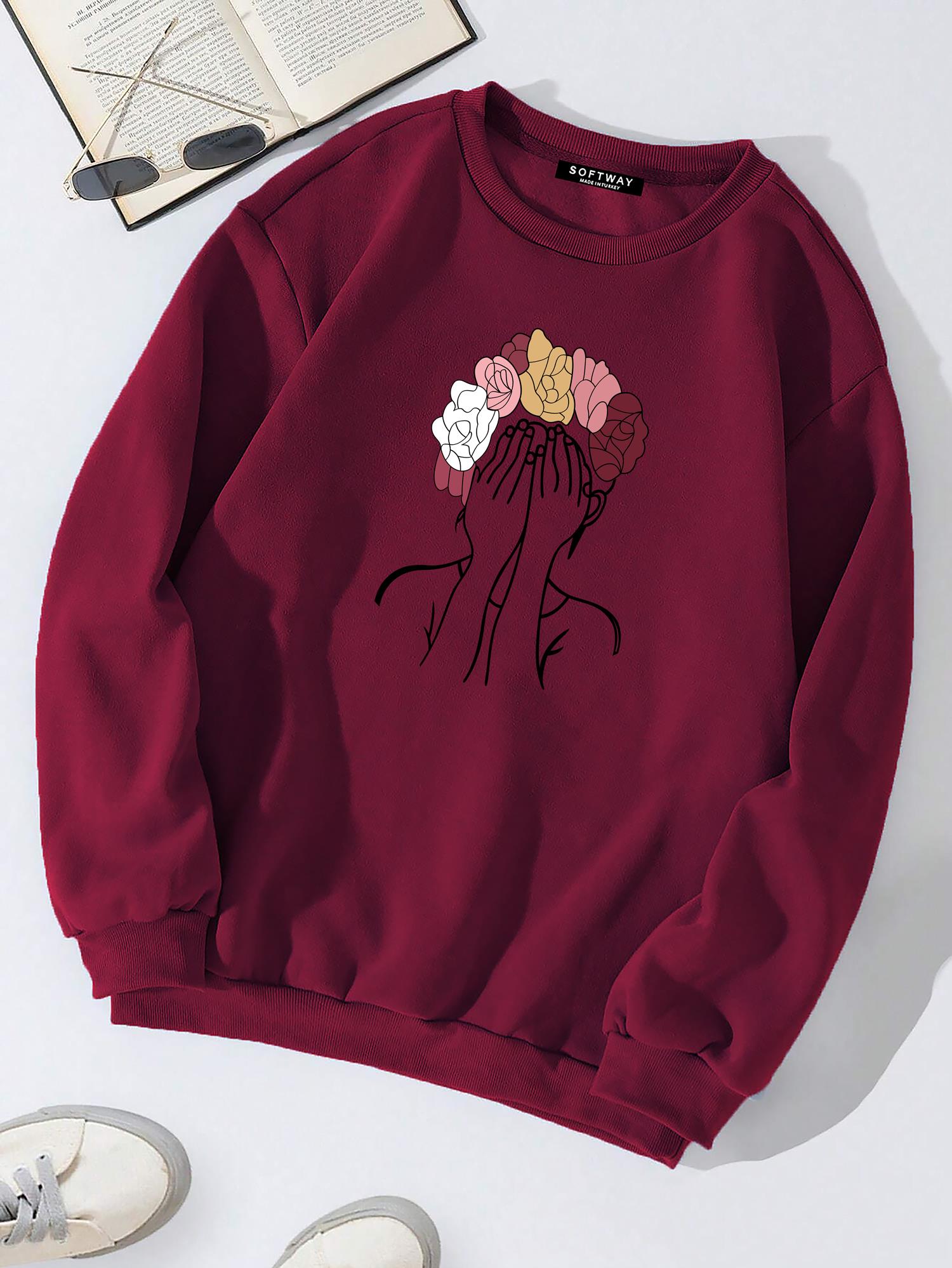 Unisex Oversize Bisiklet Yaka Basic Colorful Hair Baskılı Sweatshirt - BORDO