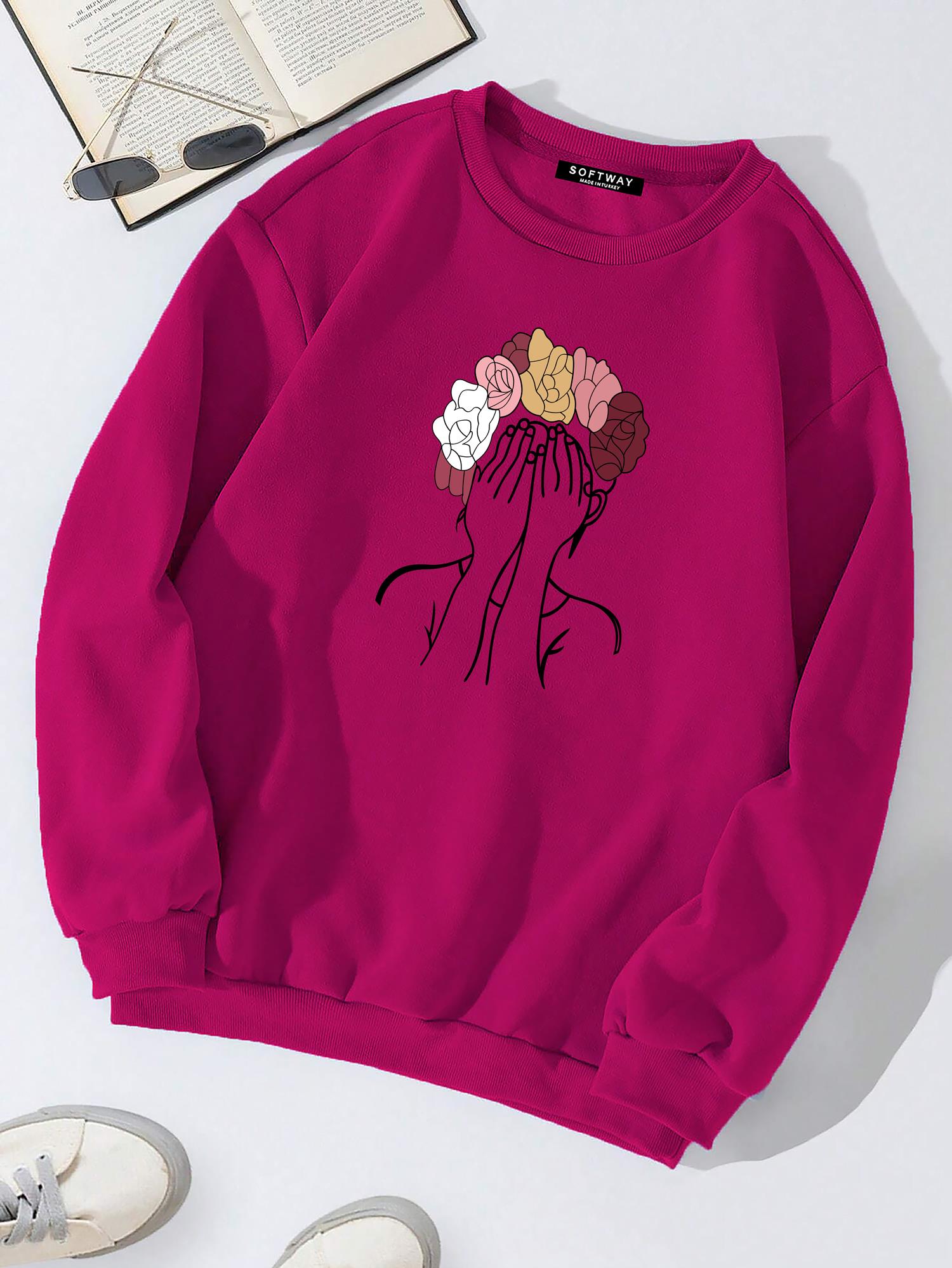 Unisex Oversize Bisiklet Yaka Basic Colorful Hair Baskılı Sweatshirt - FUŞYA