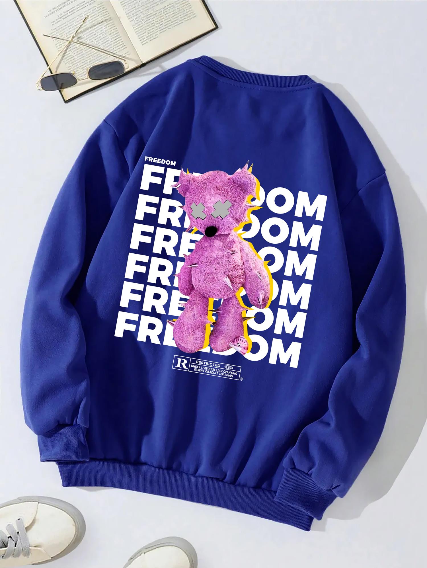 Unisex Oversize Bisiklet Yaka Basic Freedom Baskılı Sweatshirt - SAKS MAVİSİ