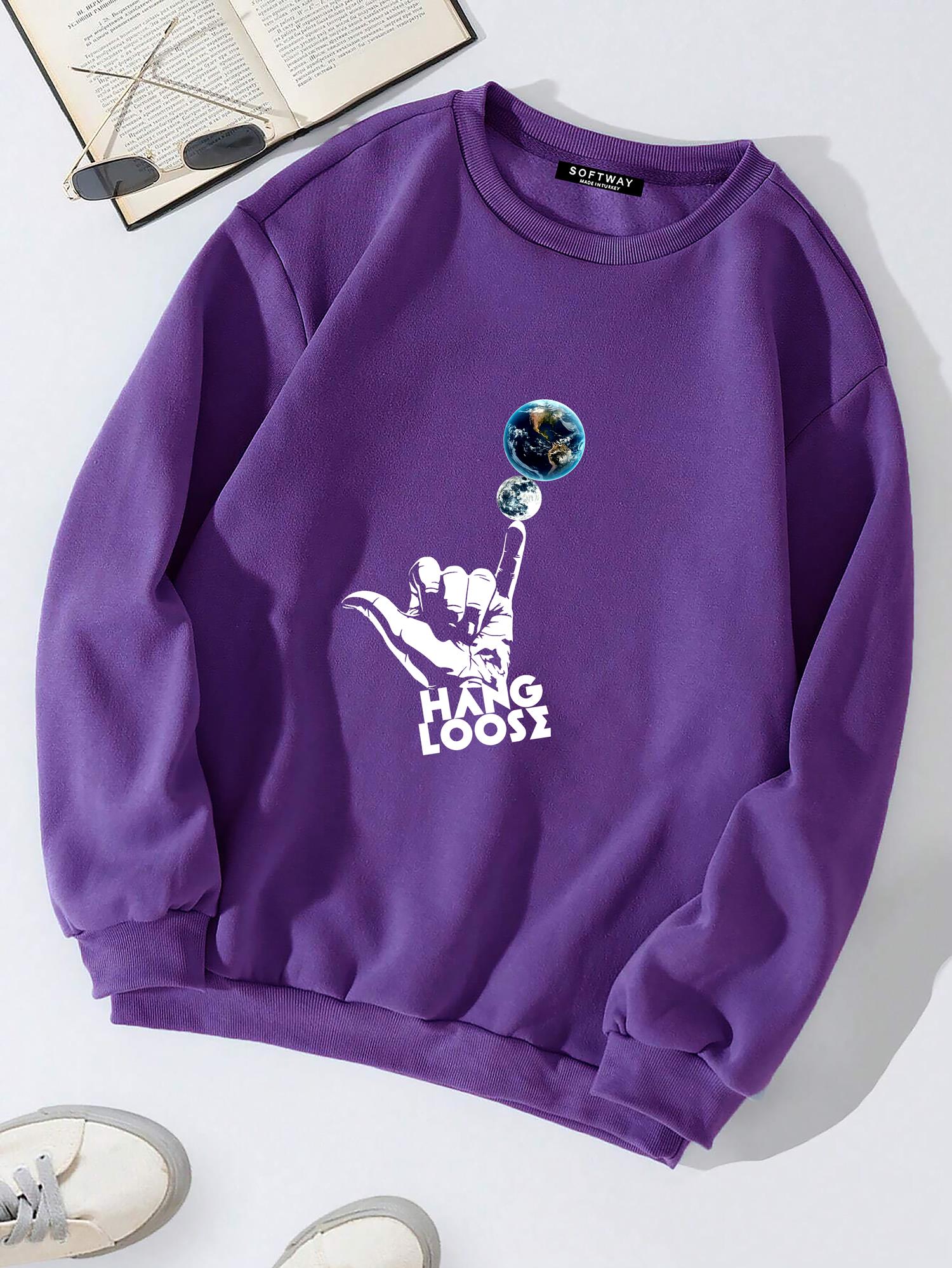 Unisex Oversize Bisiklet Yaka Basic Hang Loose Baskılı Sweatshirt - MOR