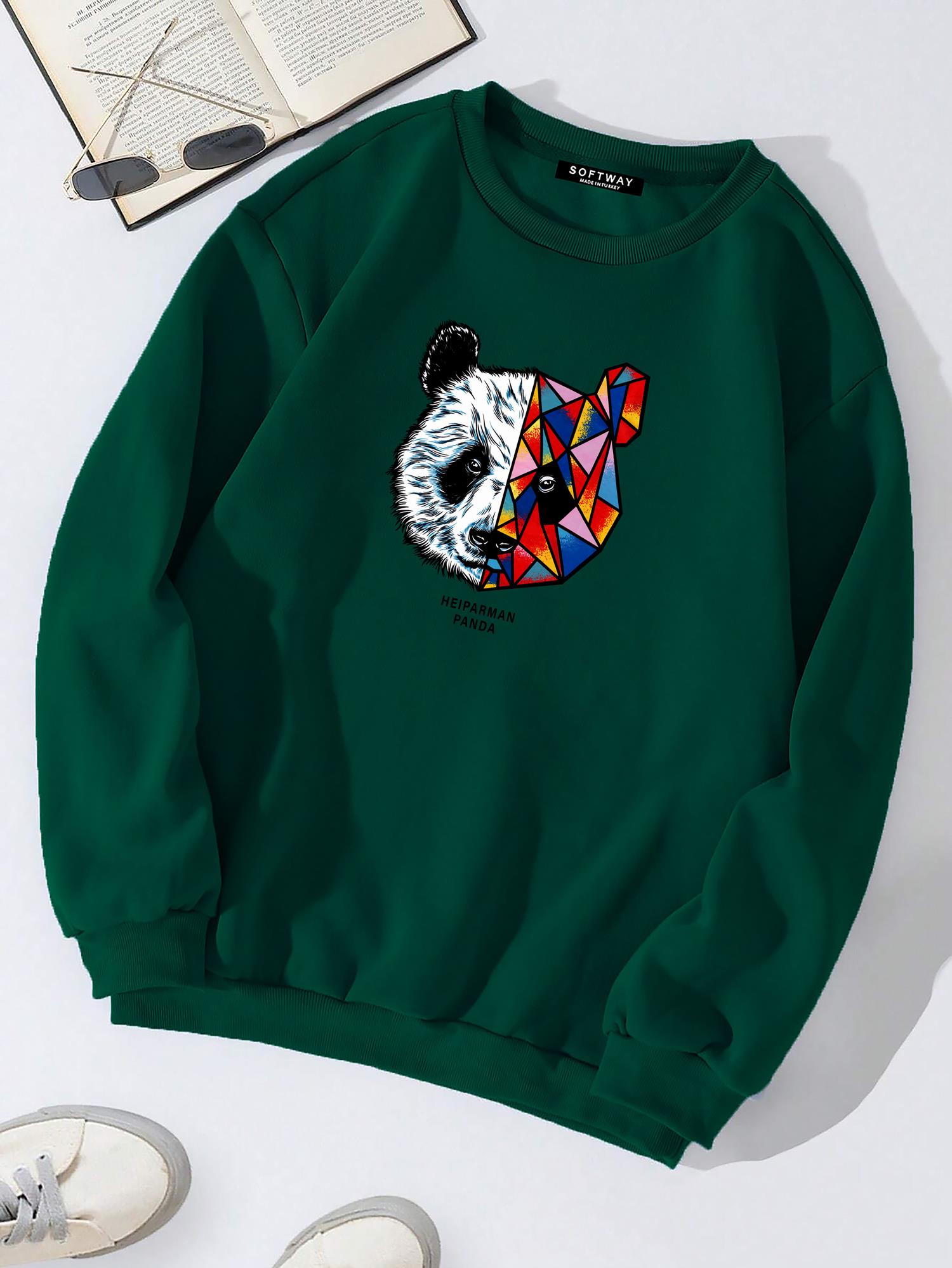 Unisex Oversize Bisiklet Yaka Basic Heiparman Panda Baskılı Sweatshirt - KOYU YEŞİL