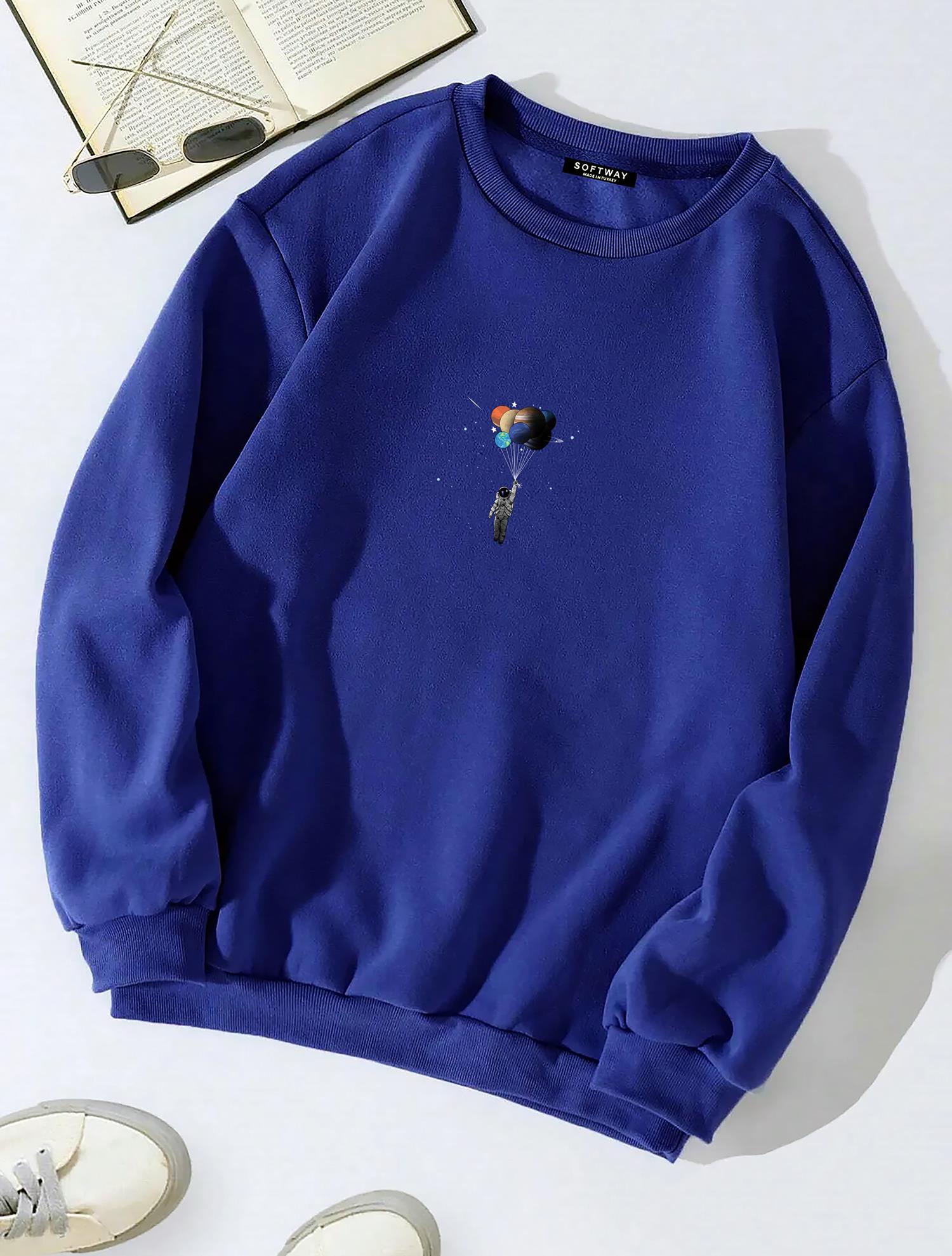 Unisex Oversize Bisiklet Yaka Basic Heiparman Balloon Astronaut Sweatshirt - SAKS MAVİSİ