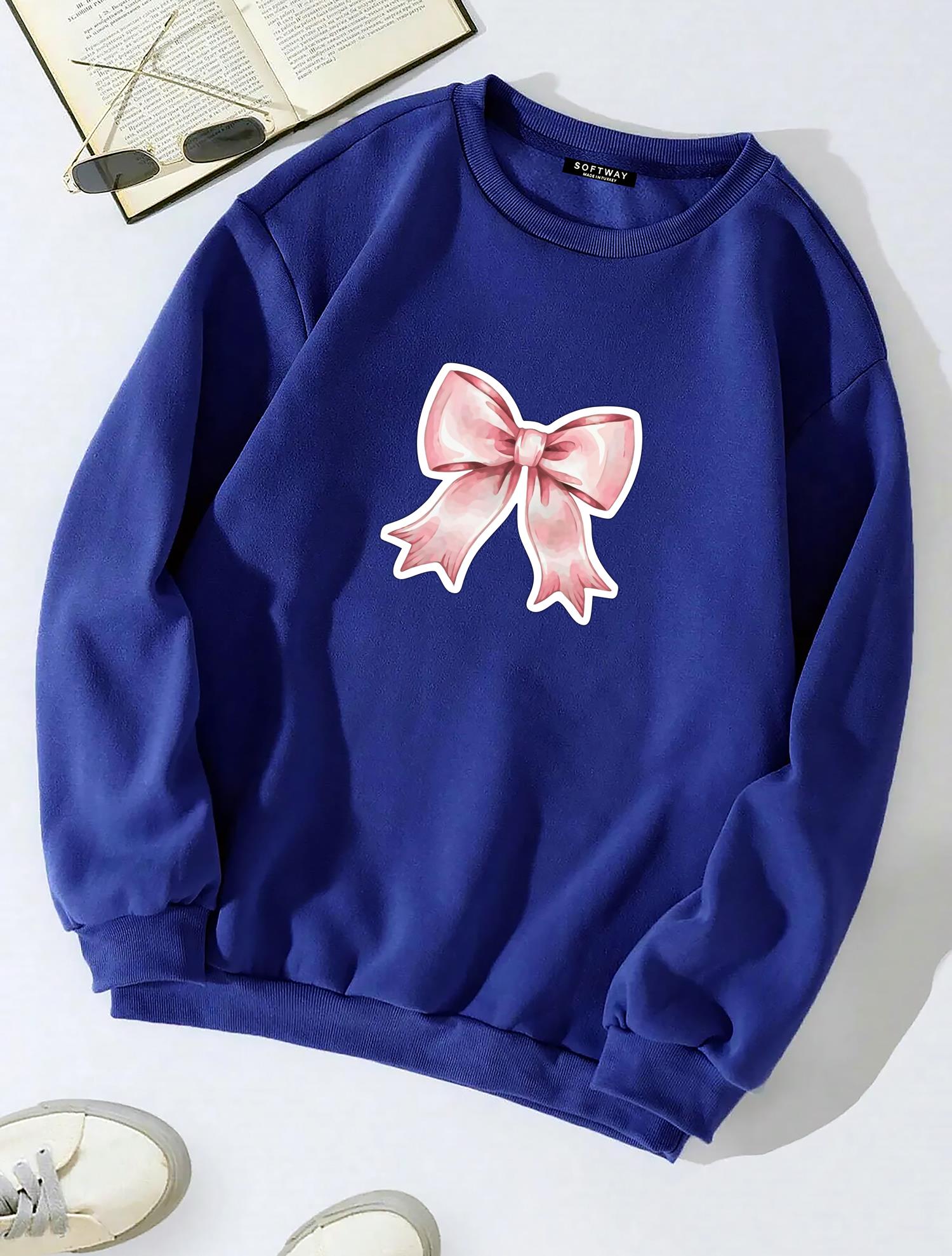Unisex Oversize Bisiklet Yaka Basic Powder Pink Ribbom Sweatshirt - SAKS MAVİSİ
