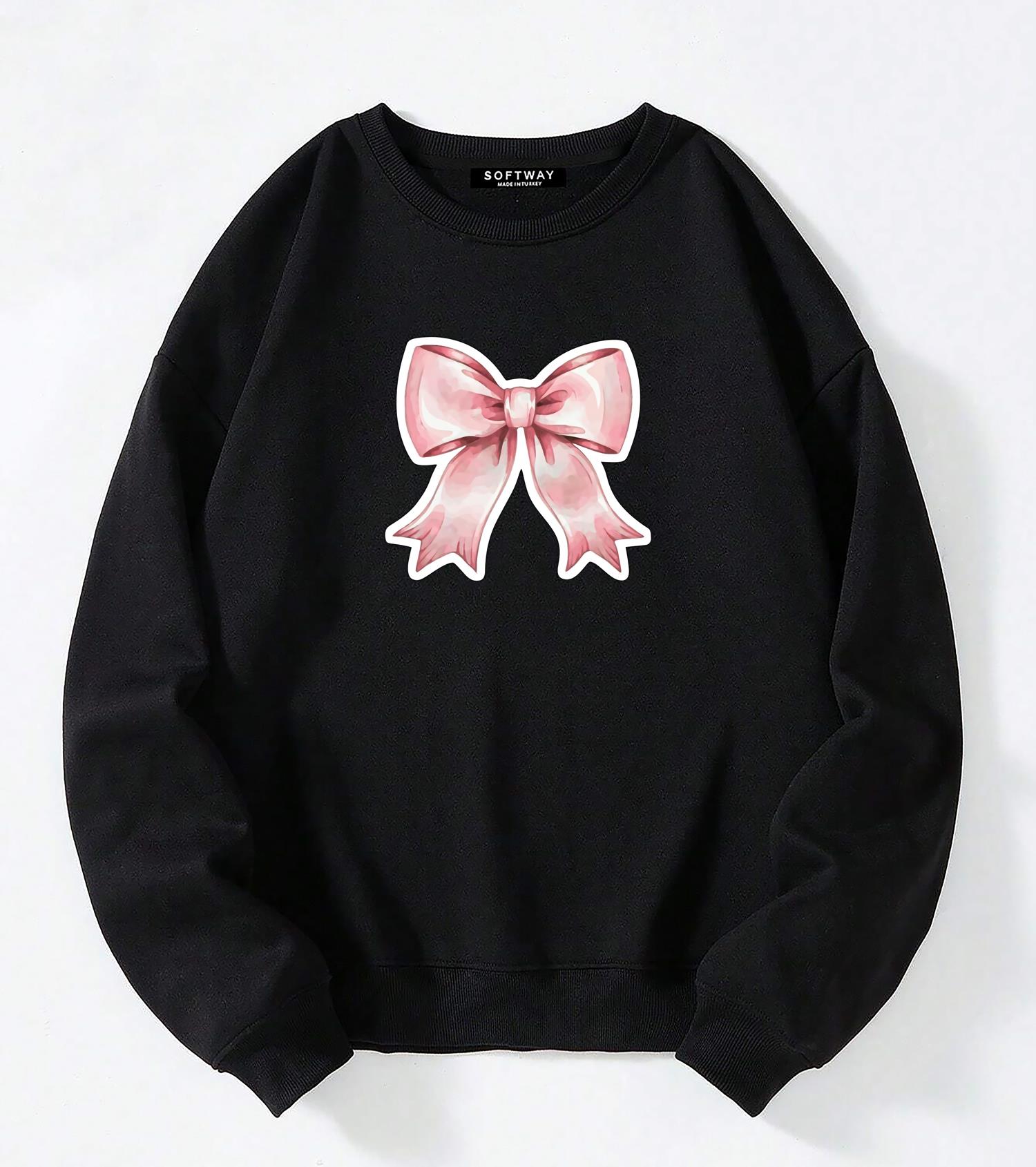 Unisex Oversize Bisiklet Yaka Basic Powder Pink Ribbom Sweatshirt - SİYAH