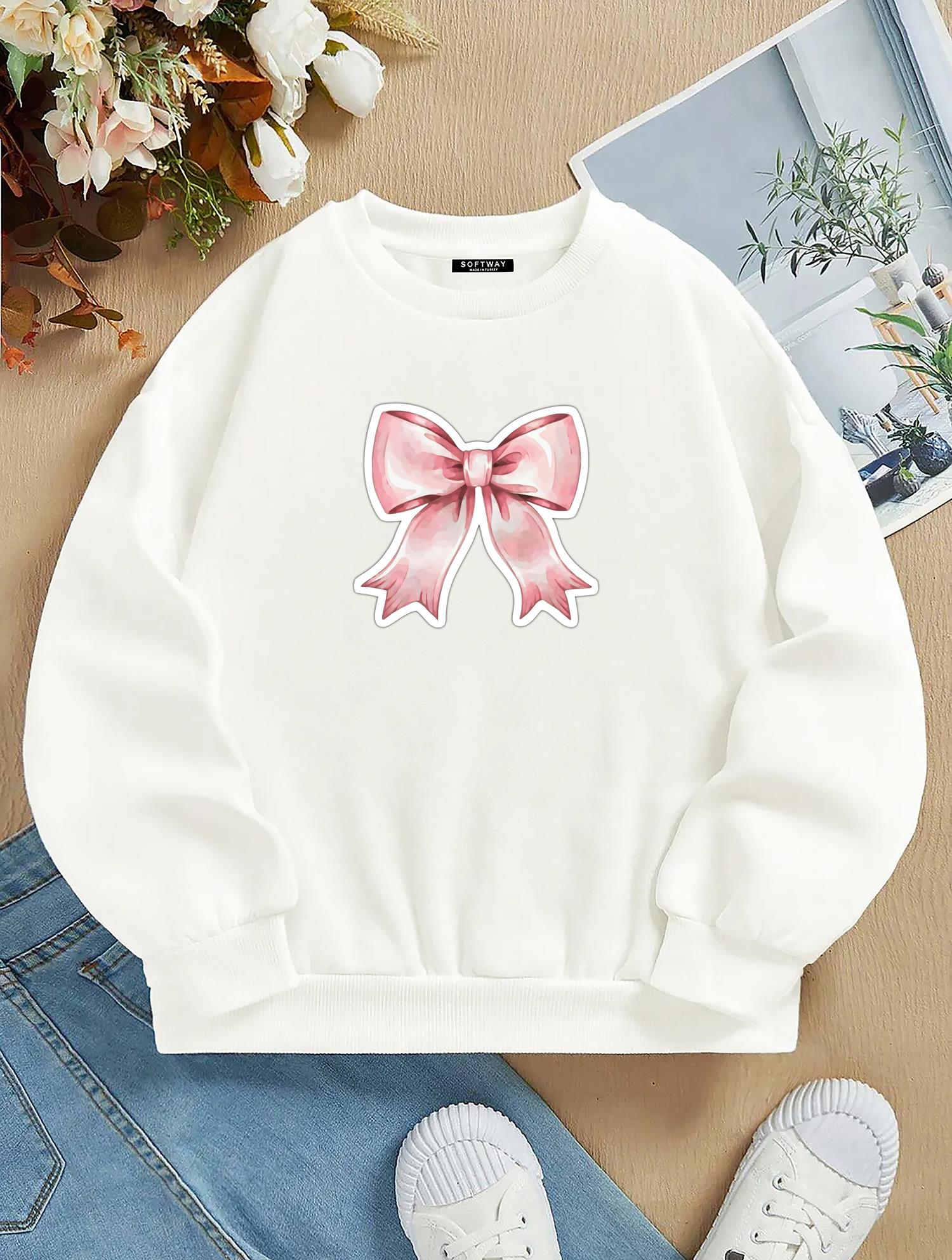 Unisex Oversize Bisiklet Yaka Basic Powder Pink Ribbom Sweatshirt - EKRU