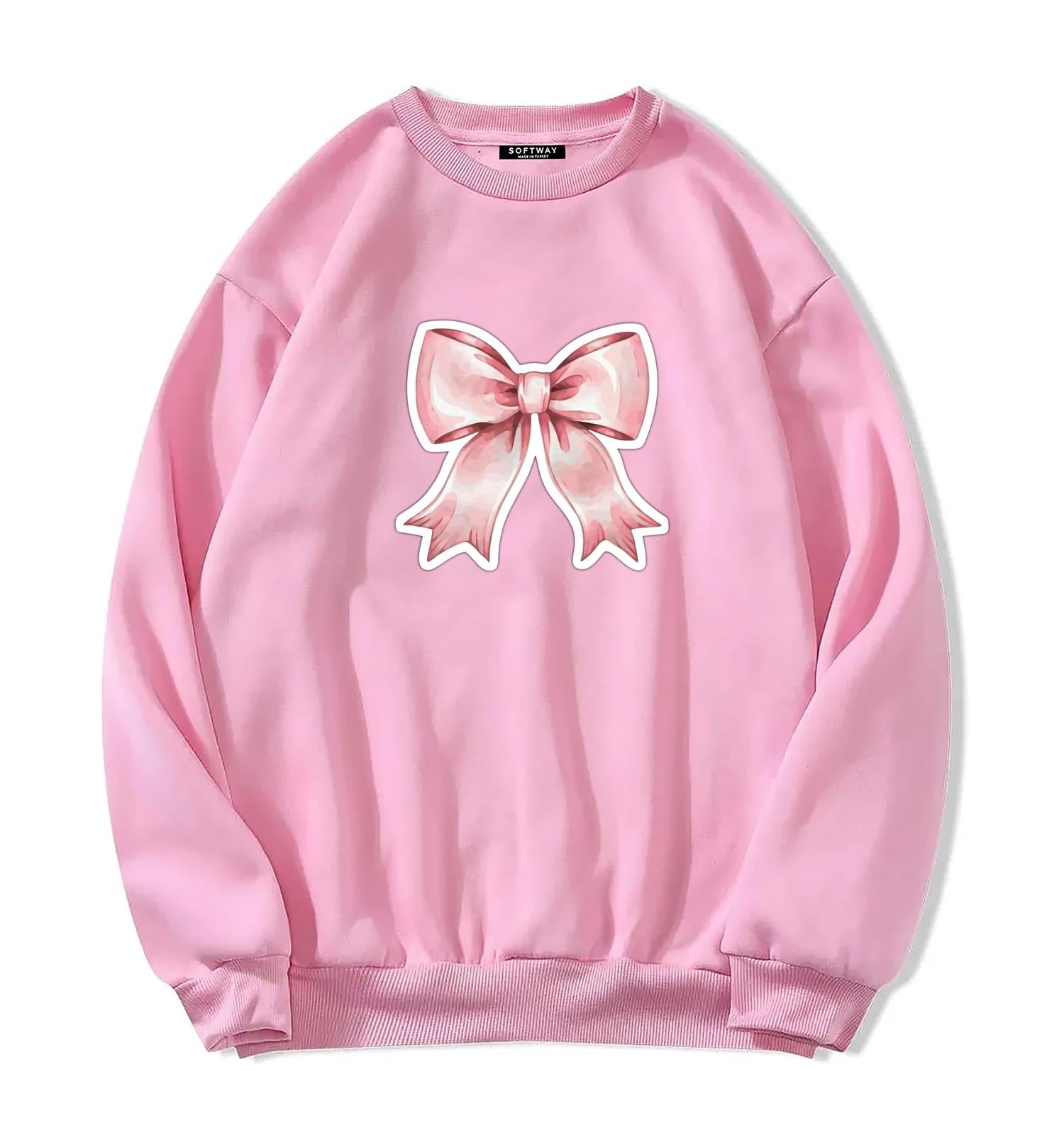 Unisex Oversize Bisiklet Yaka Basic Powder Pink Ribbom Sweatshirt - PEMBE