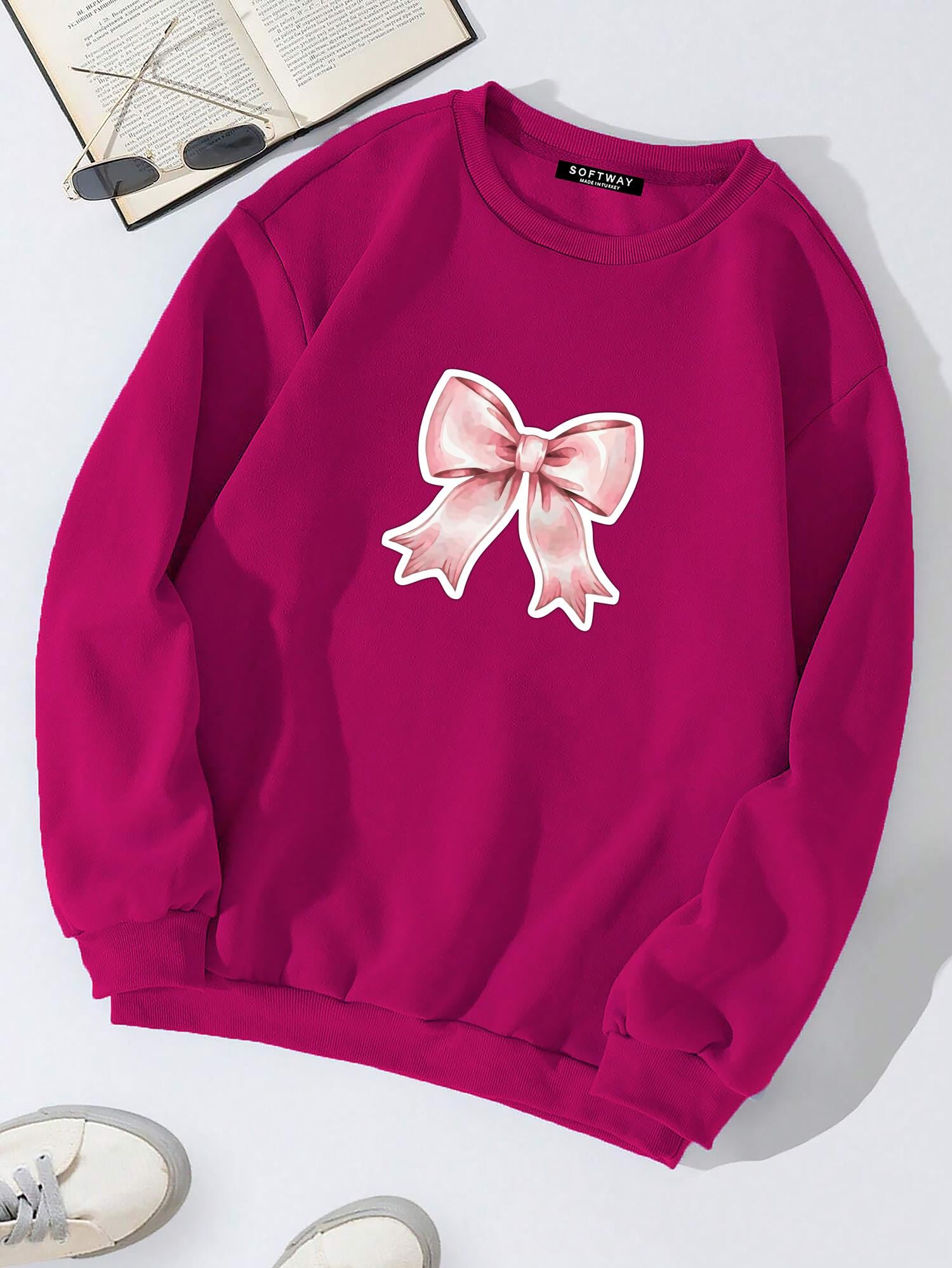 Unisex Oversize Bisiklet Yaka Basic Powder Pink Ribbom Sweatshirt - FUŞYA