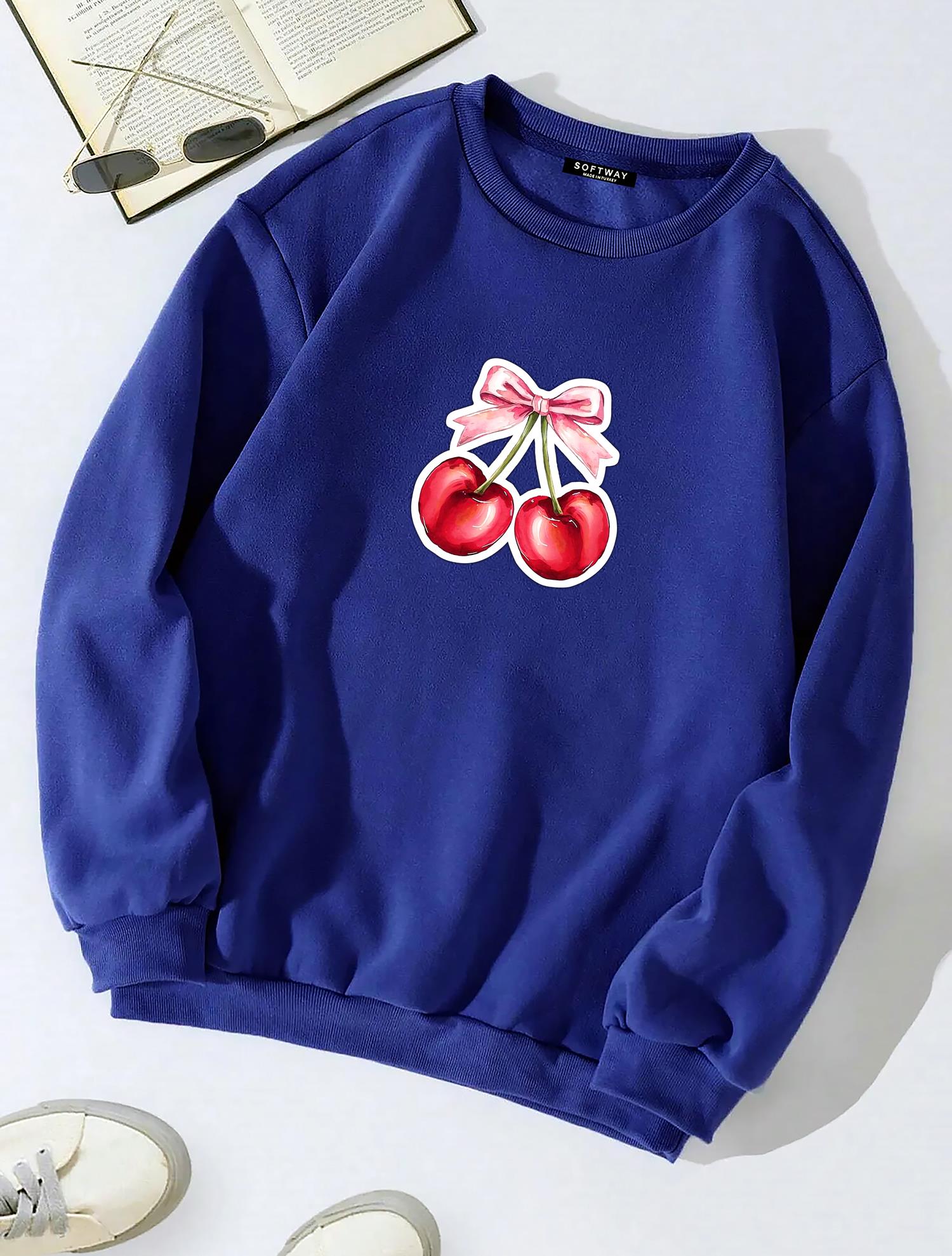 Unisex Oversize Bisiklet Yaka Basic Ribbom Cherry Baskılı Sweatshirt - SAKS MAVİSİ