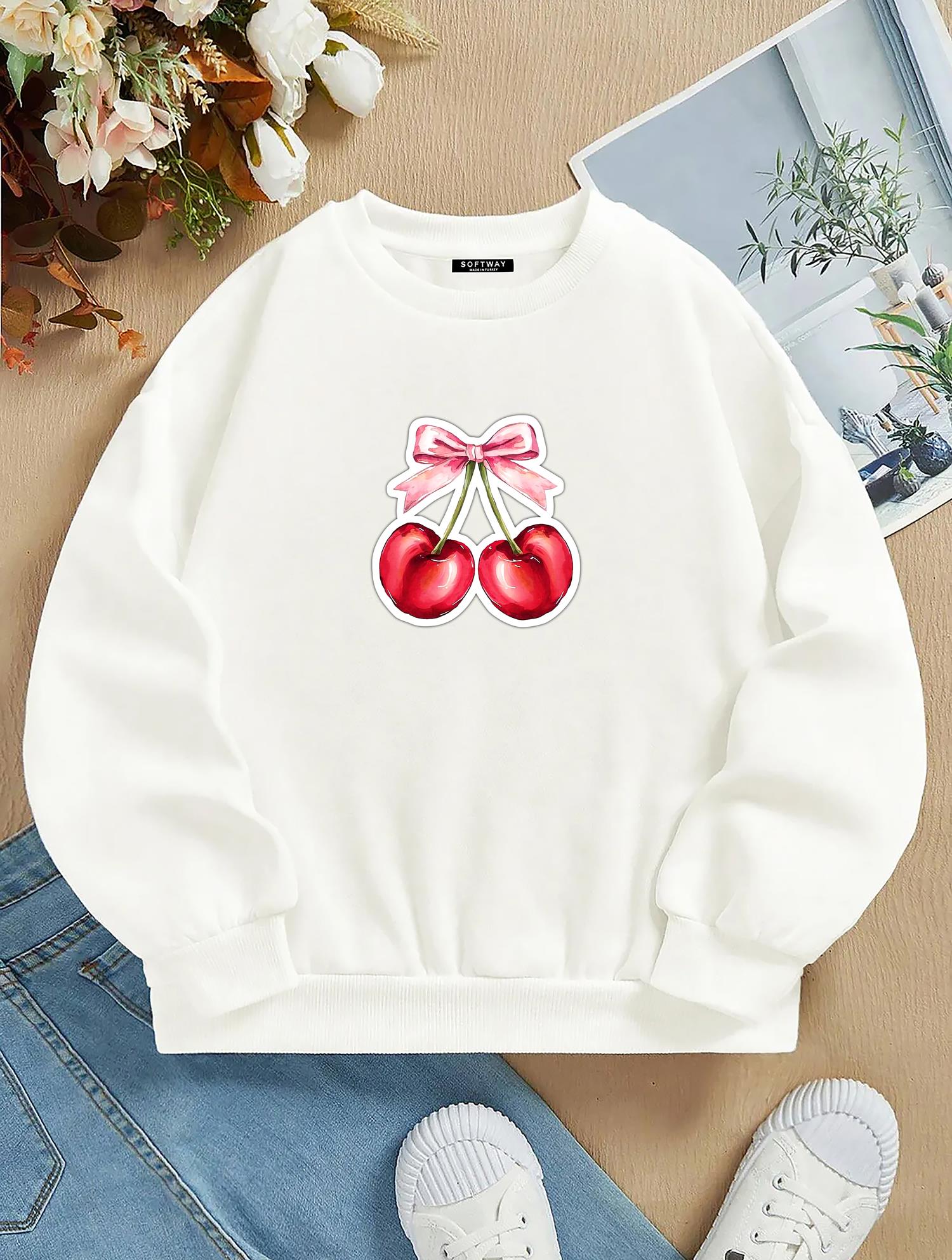 Unisex Oversize Bisiklet Yaka Basic Ribbom Cherry Baskılı Sweatshirt - EKRU