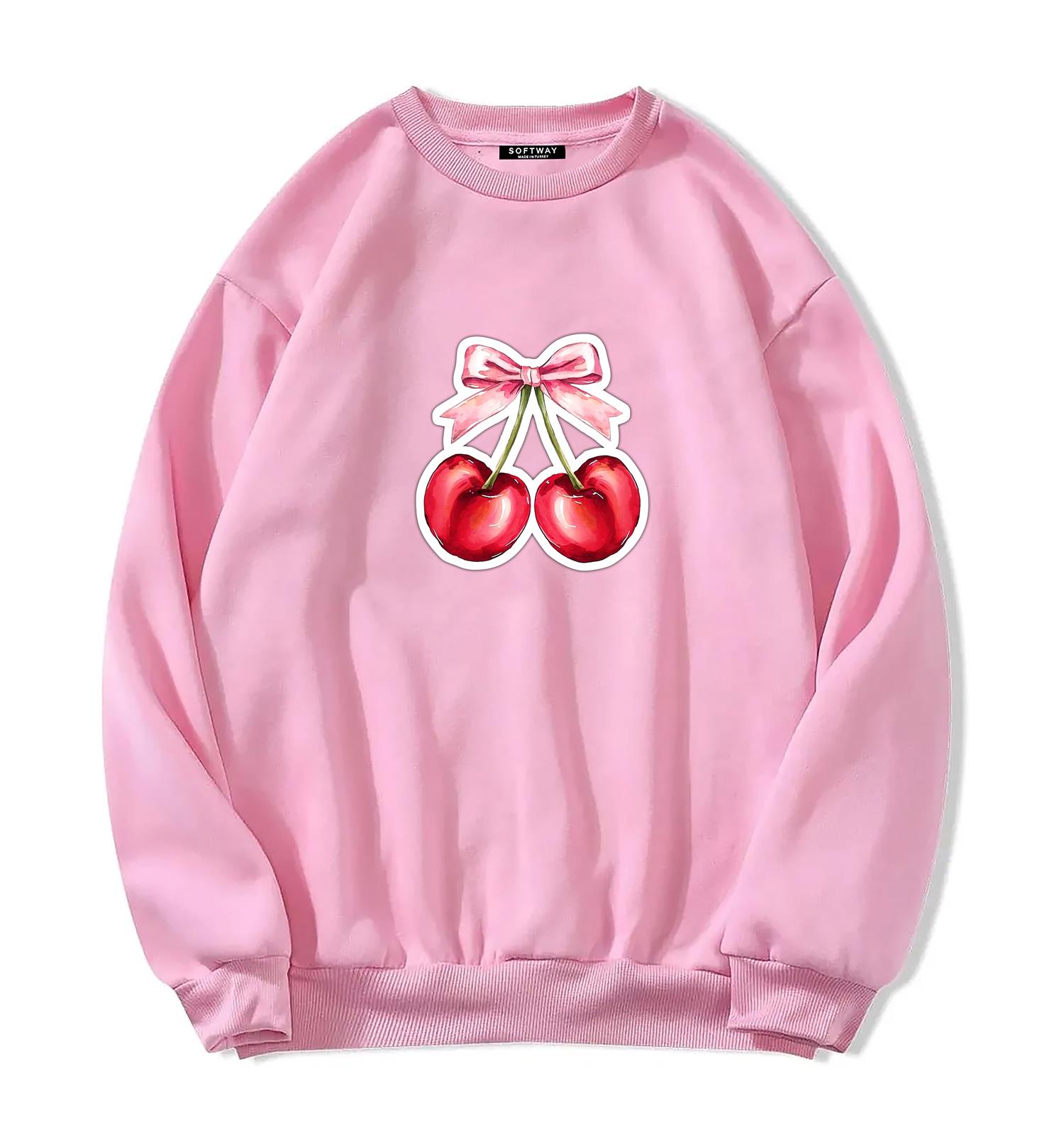 Unisex Oversize Bisiklet Yaka Basic Ribbom Cherry Baskılı Sweatshirt - PEMBE