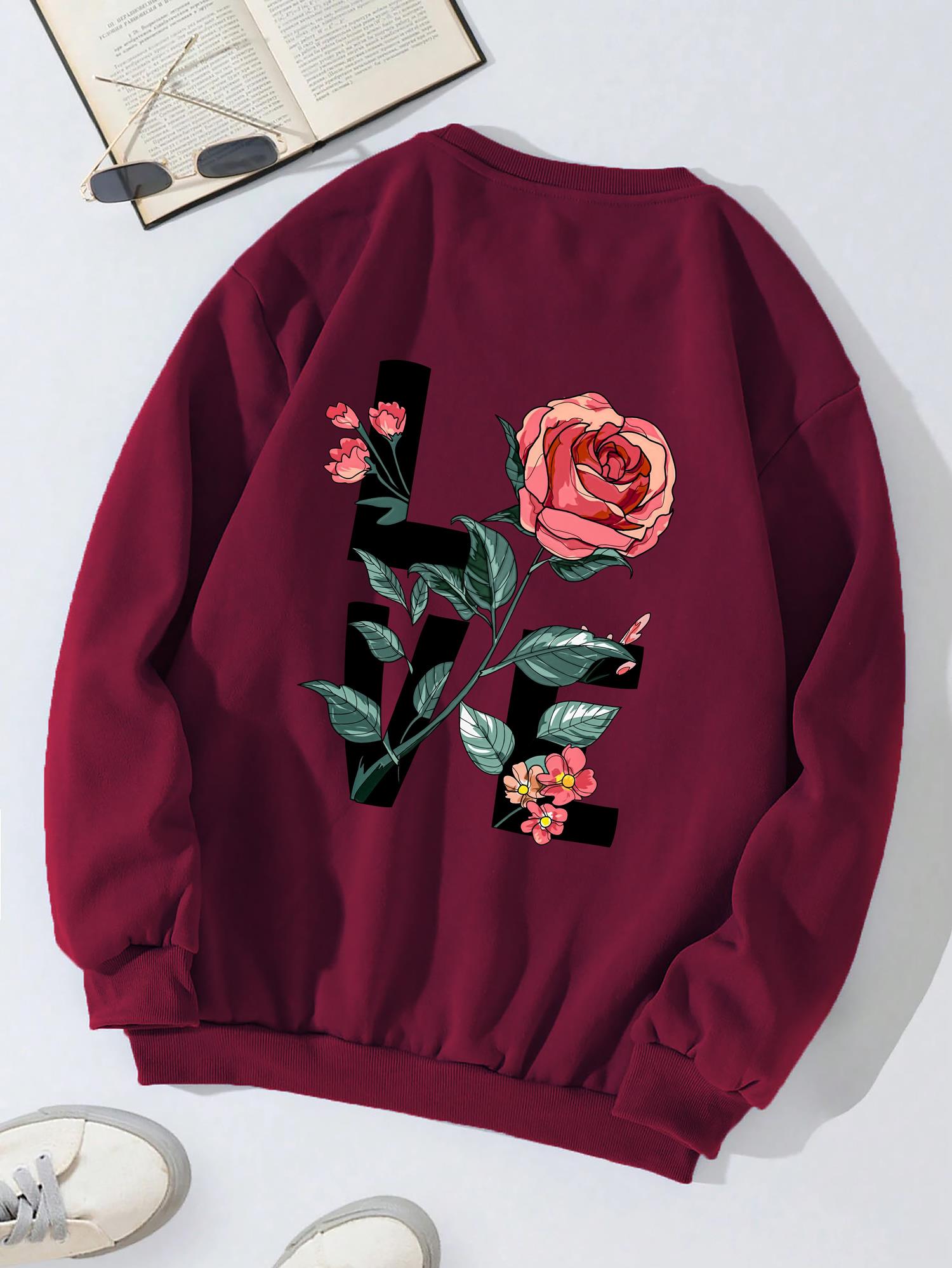 Unisex Oversize Bisiklet Yaka Basic Rose Love Baskılı Sweatshirt - BORDO