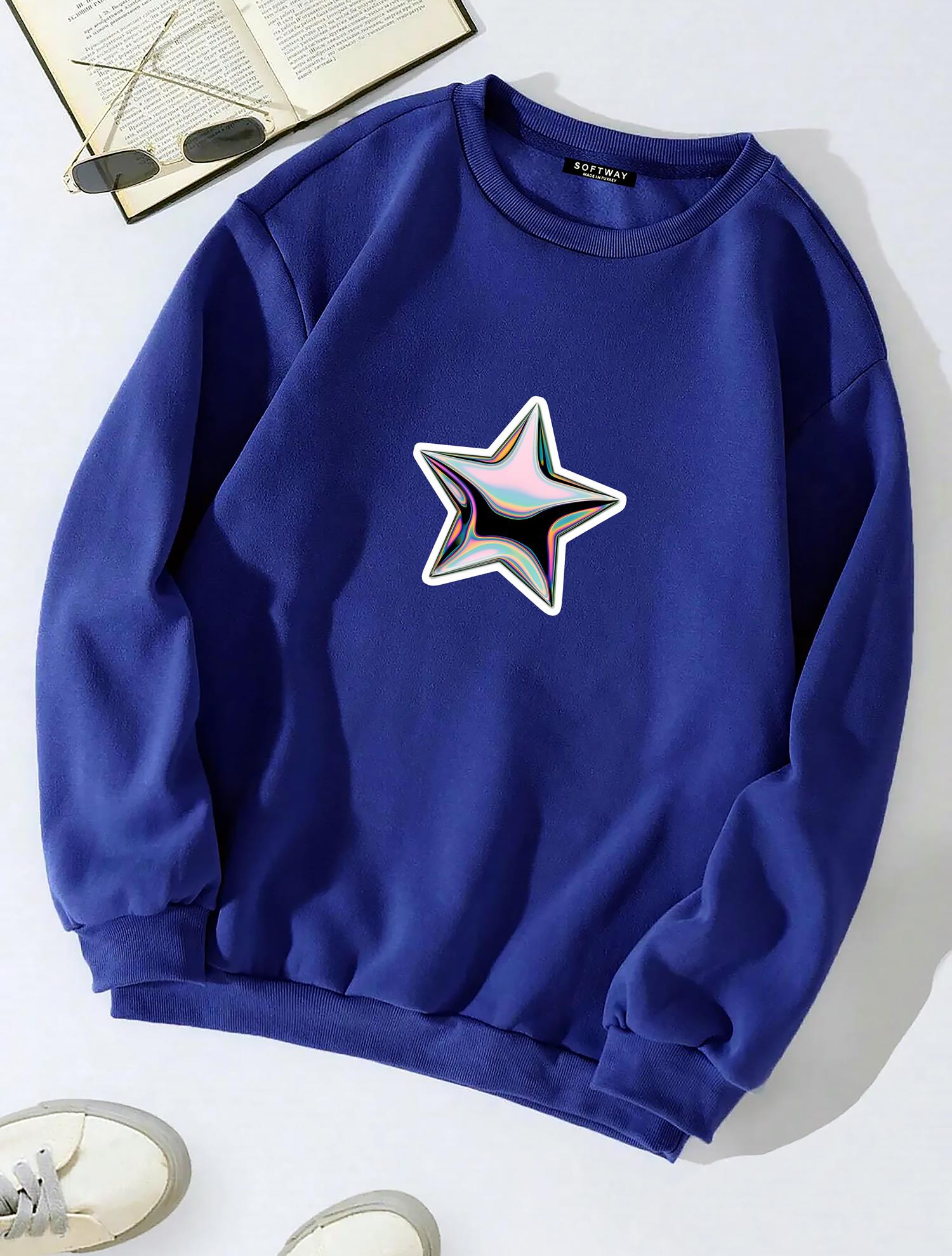 Unisex Oversize Bisiklet Yaka Basic Shining Metallic Star Baskılı Sweatshirt - SAKS MAVİSİ