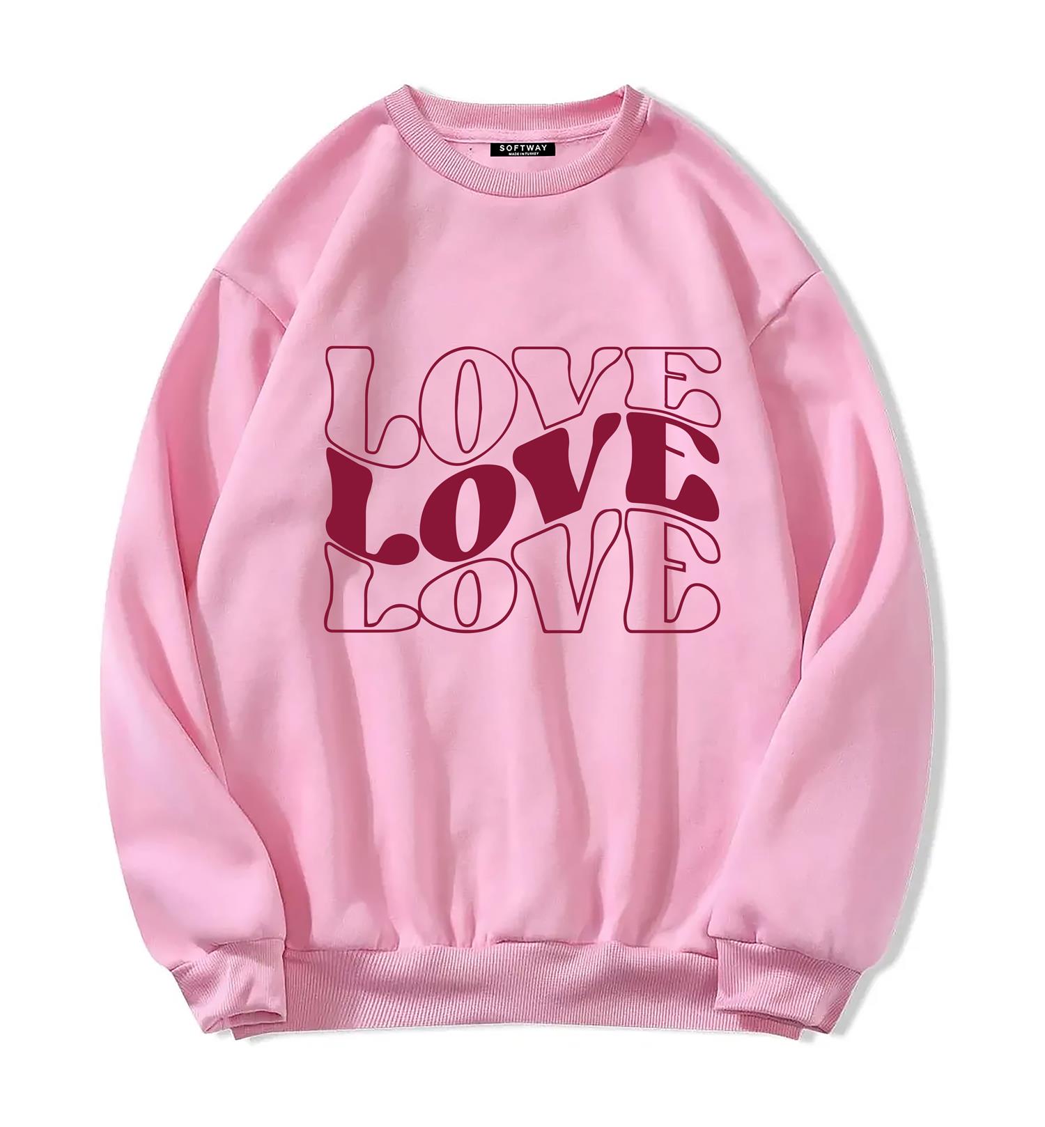 Unisex Oversize Bisiklet Yaka Basic Three Love Baskılı Sweatshirt - PEMBE
