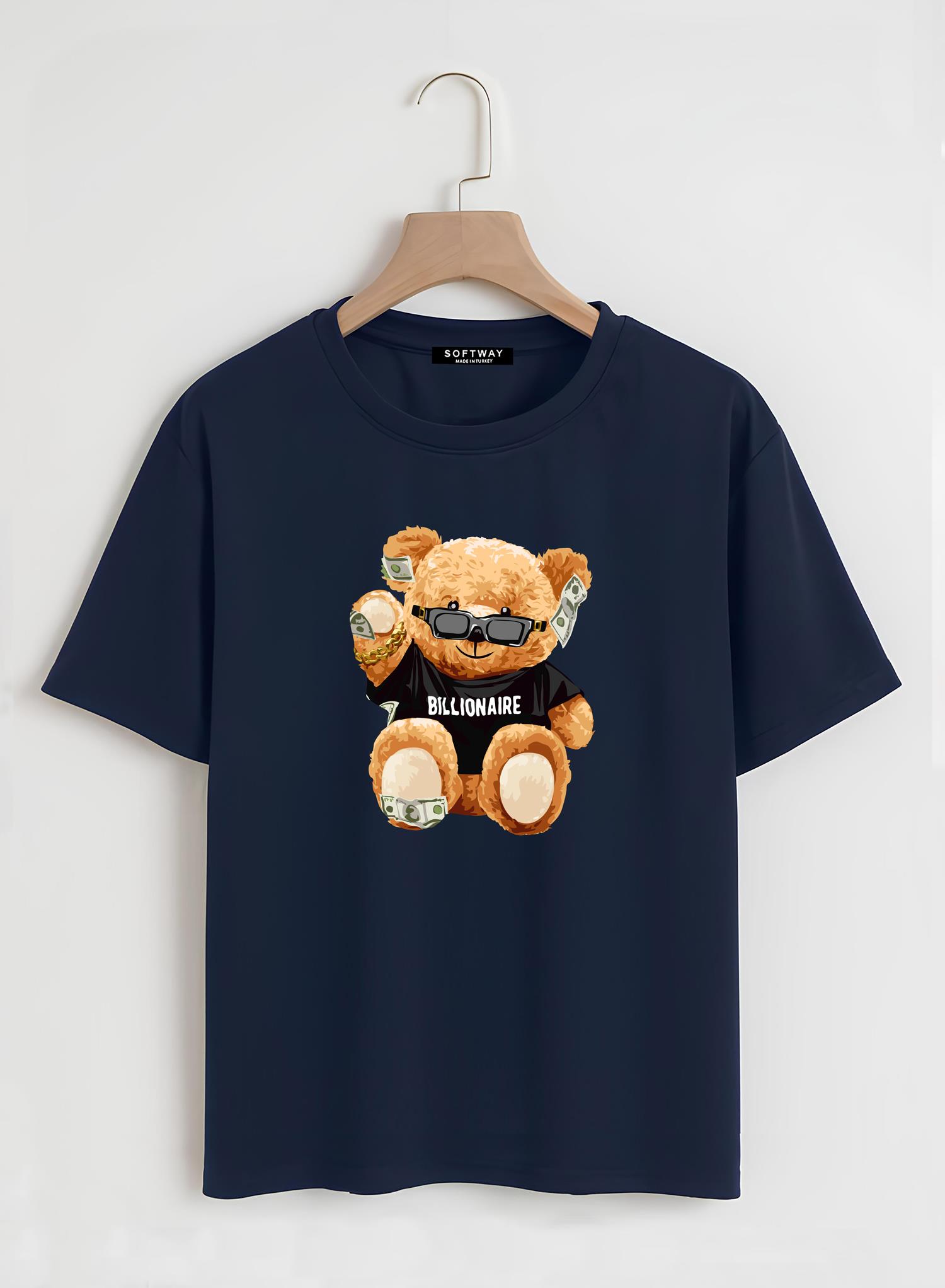 Unisex Oversize Bisiklet Yaka Billionaire Baskılı Basic T-Shirt - LACİVERT