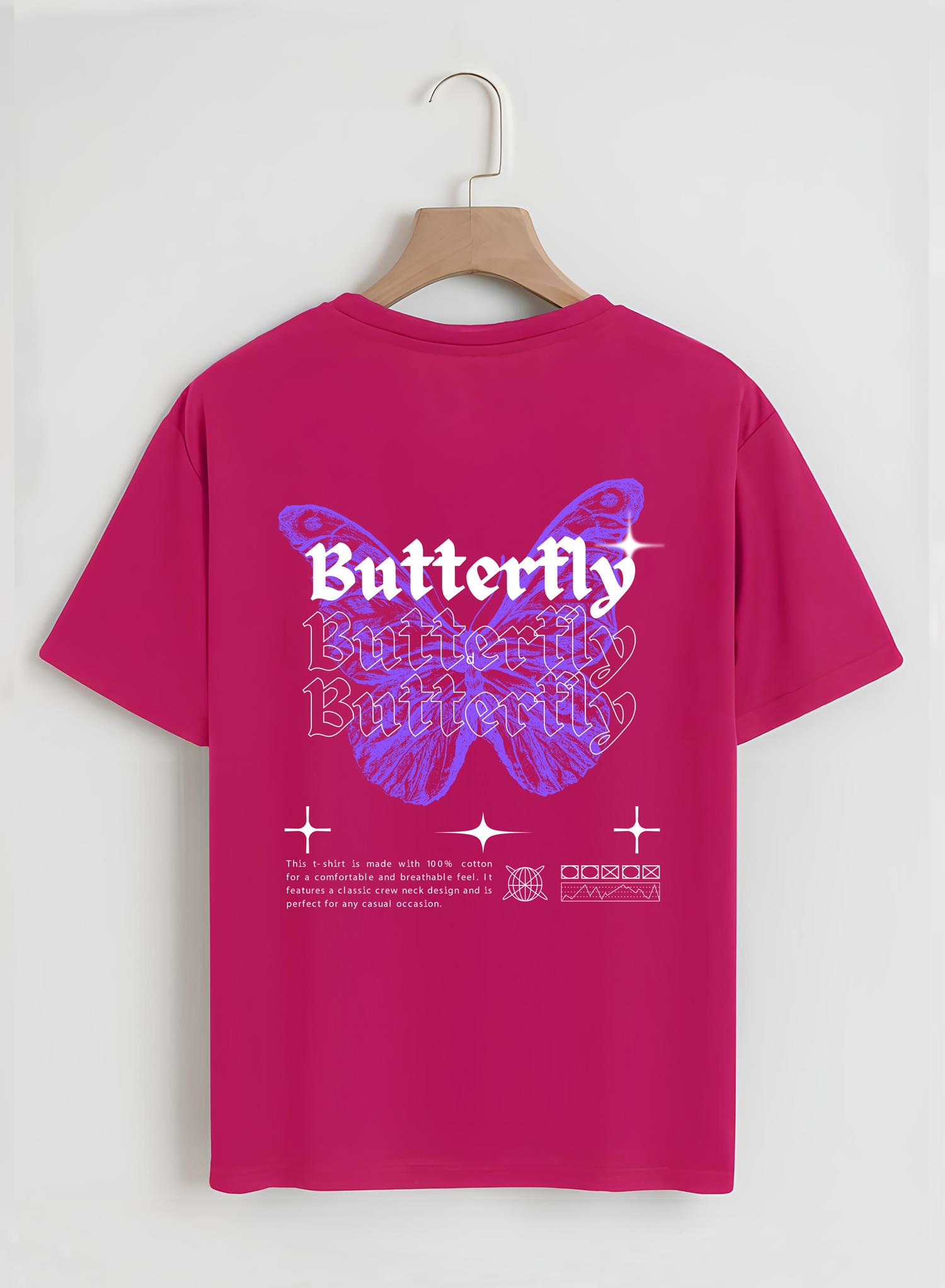 Unisex Oversize Bisiklet Yaka Butterfly Baskılı Basic T-Shirt - FUŞYA